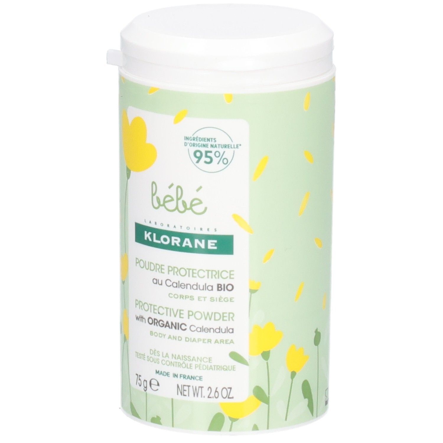 Zylindrische Dose mit weißem Deckel. Aufschrift: Klorane Bébé, Poudre Protectrice au Calendula Bio. 75g, 2.6 OZ. Grün mit gelben Blumen.