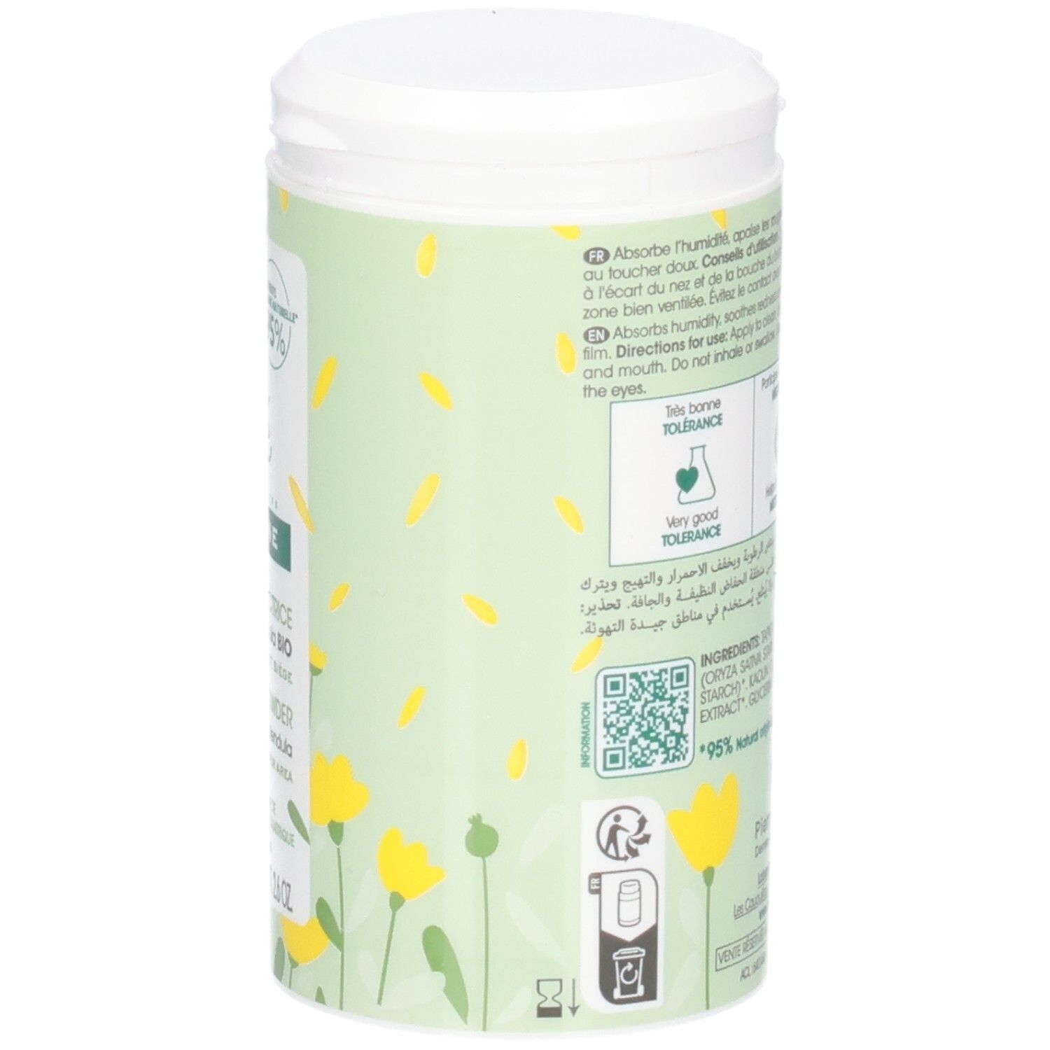 Grüne Dose mit weißem Deckel. Text und Logos auf der Rückseite. Enthält 75g. 95% natürliche Inhaltsstoffe.