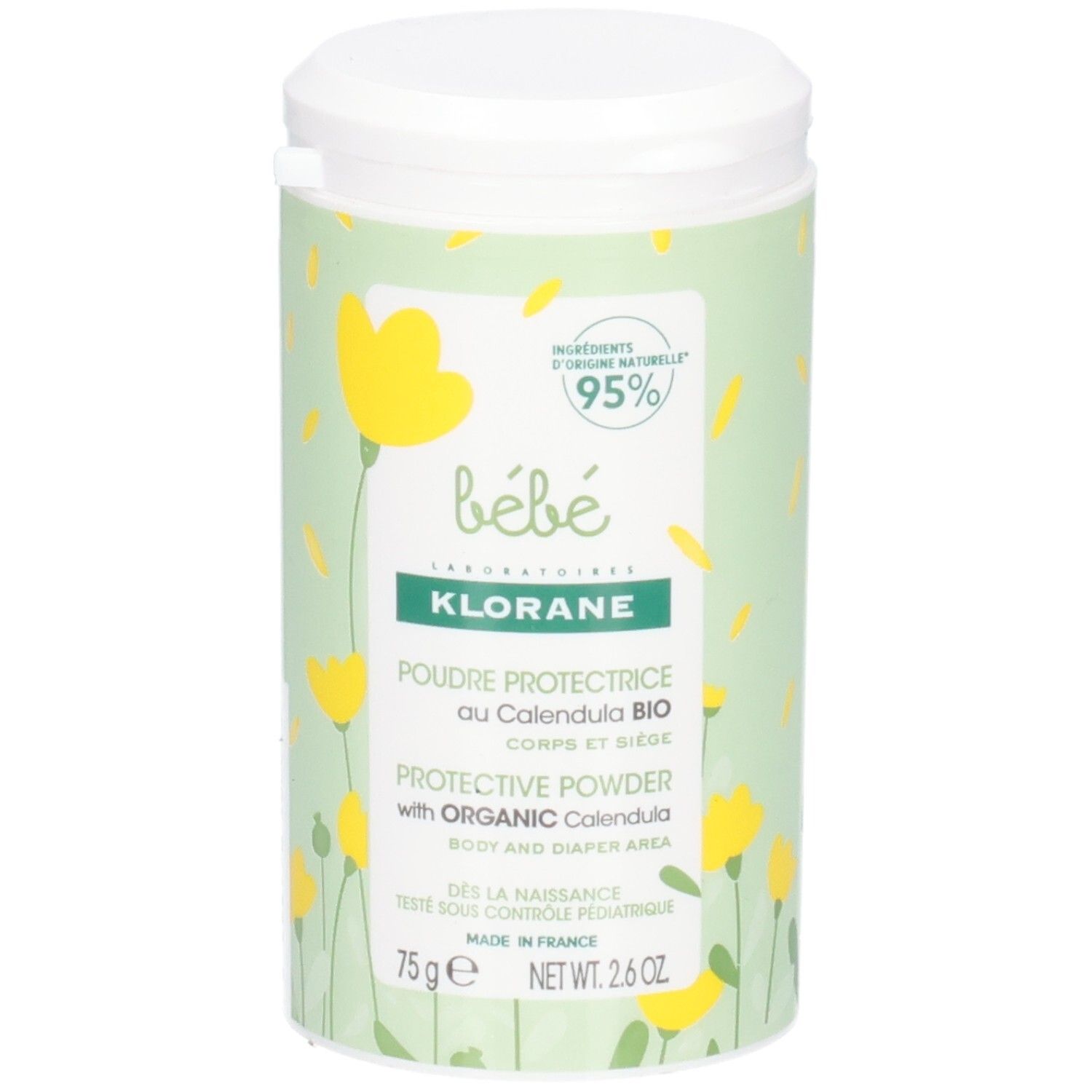 Zylindrische Dose mit weißem Deckel. Aufschrift: Klorane Bébé, Poudre Protectrice au Calendula Bio. 75g, 2.6 OZ. Grün mit gelben Blumen.