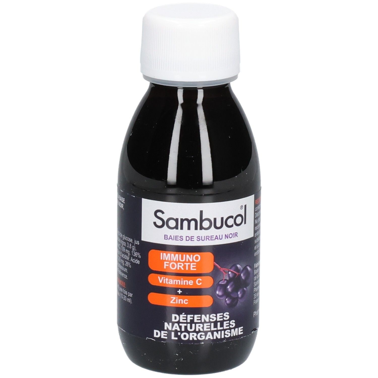 Flüssiges Nahrungsergänzungsmittel in einer Flasche mit weißem Deckel. Aufschrift: Sambucol, Immuno Forte, Vitamin C + Zink.