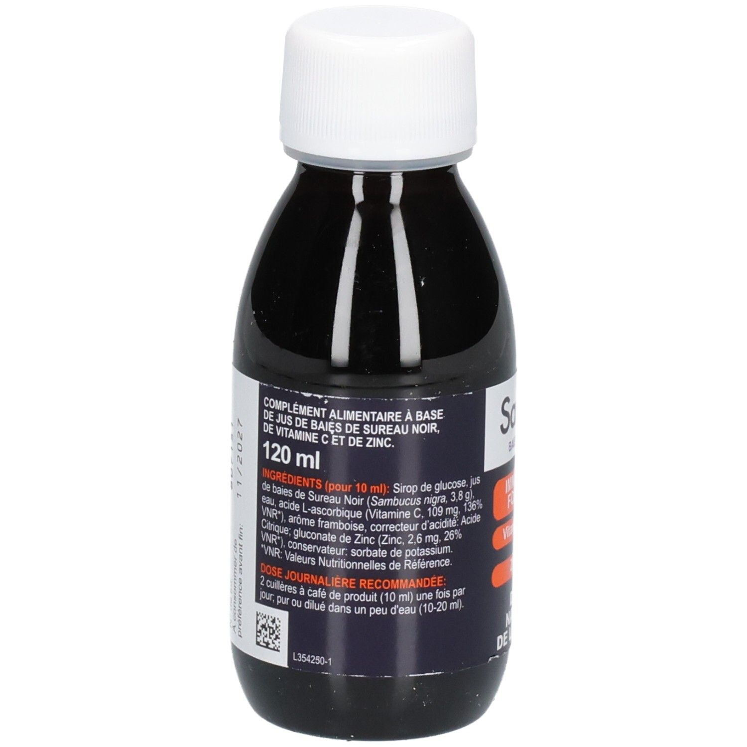 Flasche mit flüssigem Nahrungsergänzungsmittel. Aufschrift: Sambucol, 120 ml, Inhaltsstoffe, Dosierungsempfehlung.