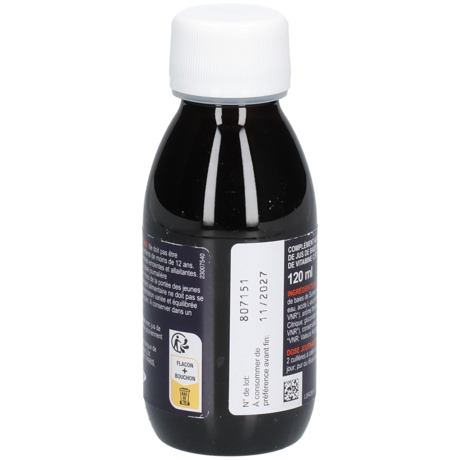 Flasche mit flüssigem Nahrungsergänzungsmittel. Aufschrift: Sambucol, 120 ml, Mindesthaltbarkeitsdatum 11/2027.