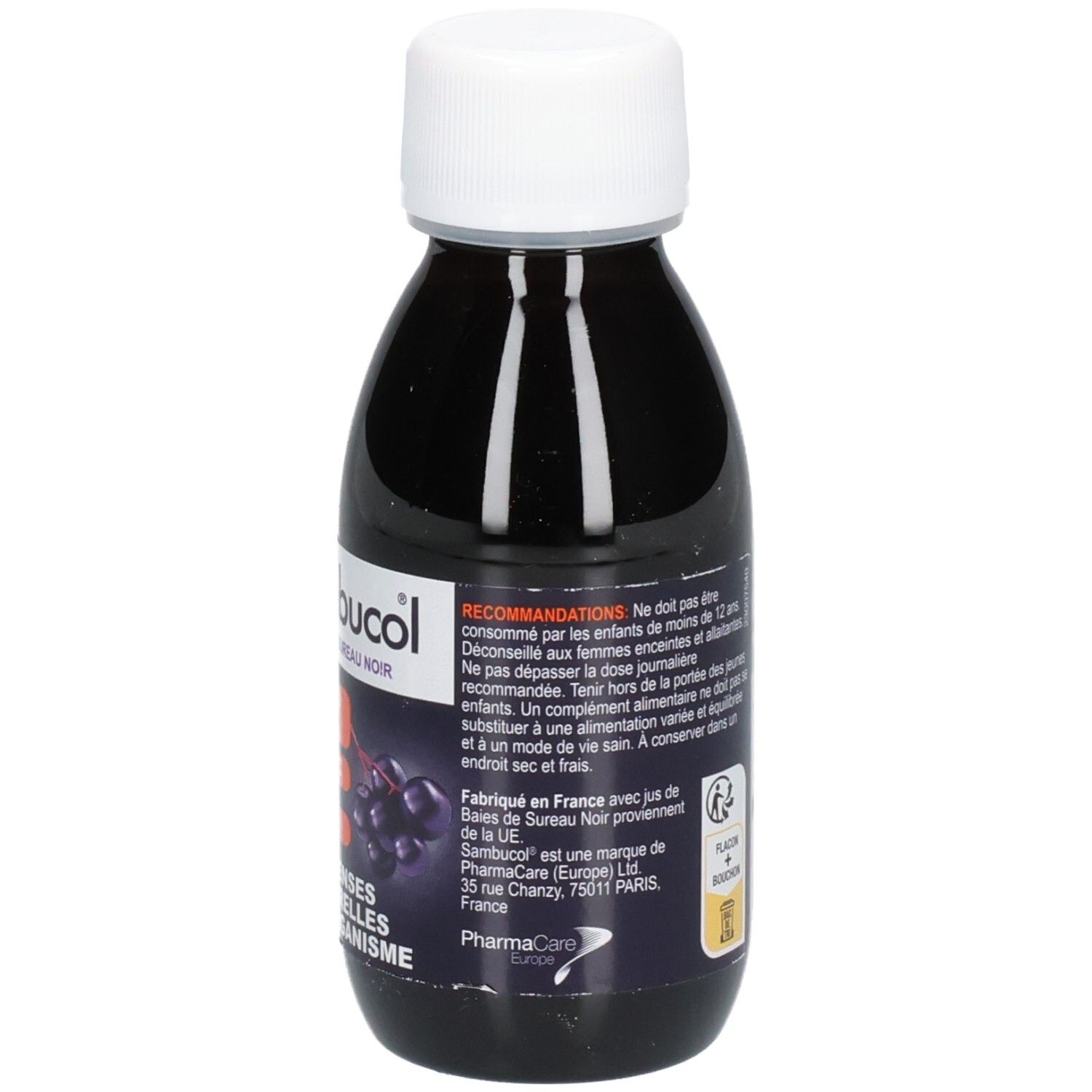 Flasche mit flüssigem Nahrungsergänzungsmittel. Aufschrift: Sambucol, Empfehlungen, hergestellt in Frankreich.