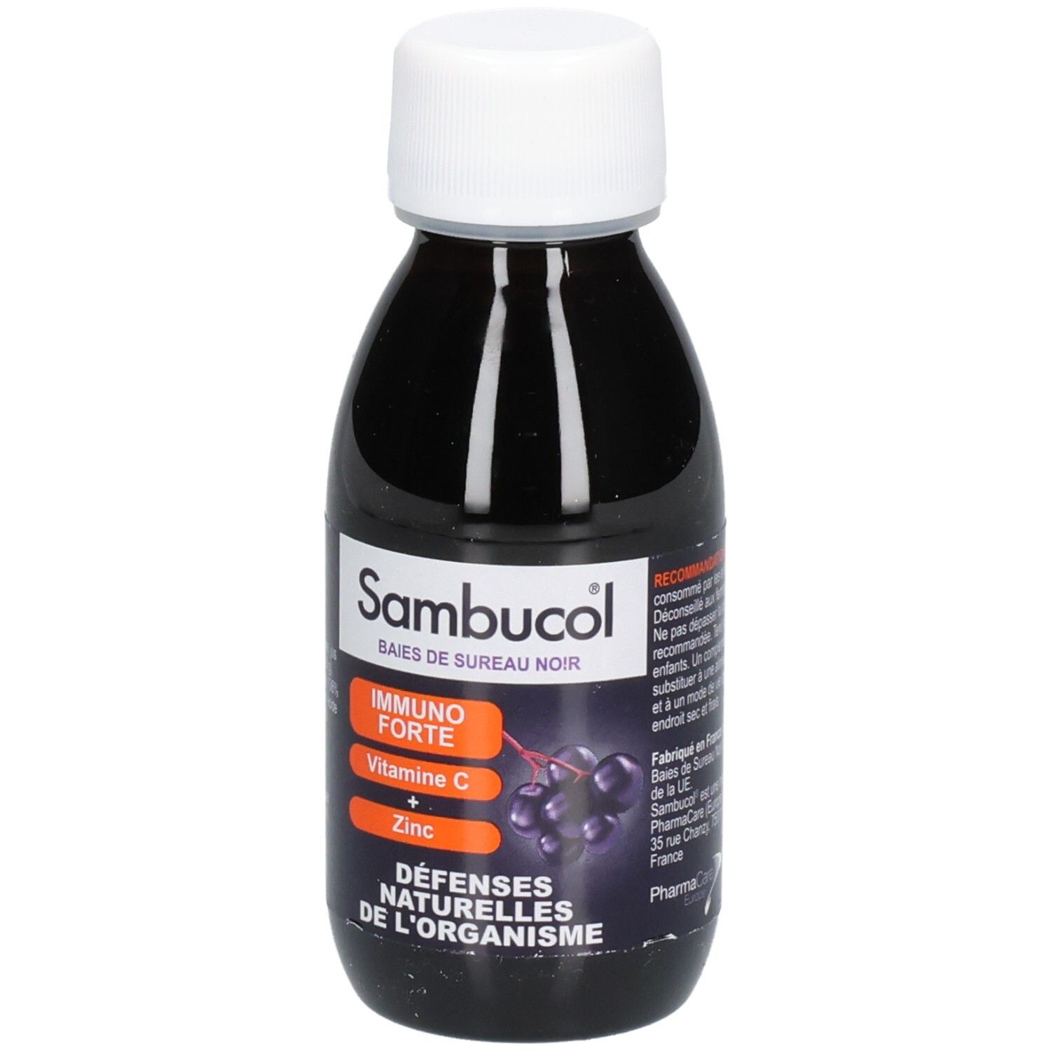Flasche mit flüssigem Nahrungsergänzungsmittel. Aufschrift: Sambucol, Immuno Forte, Vitamin C + Zink.