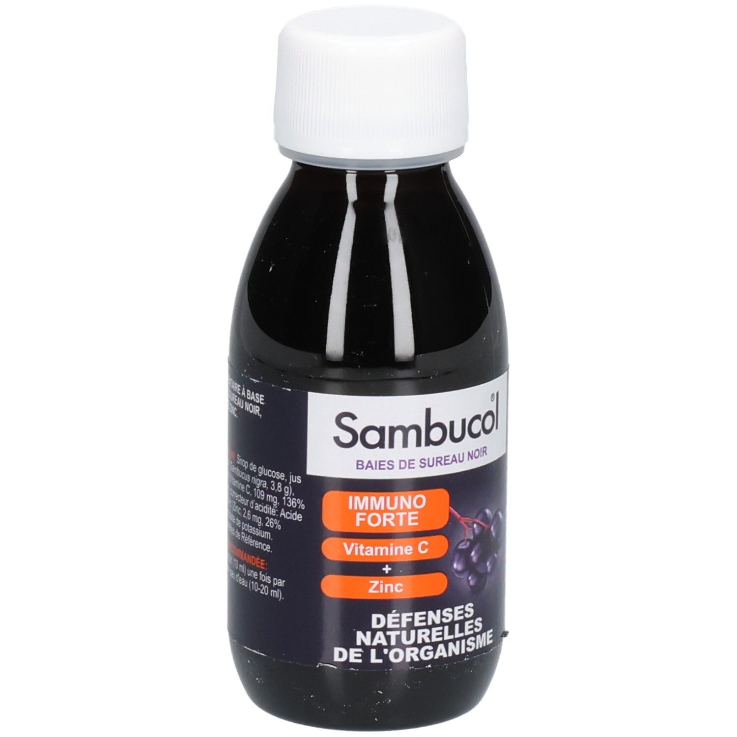 Flasche mit flüssigem Nahrungsergänzungsmittel. Aufschrift: Sambucol, Immuno Forte, Vitamin C + Zink, Inhaltsstoffe.