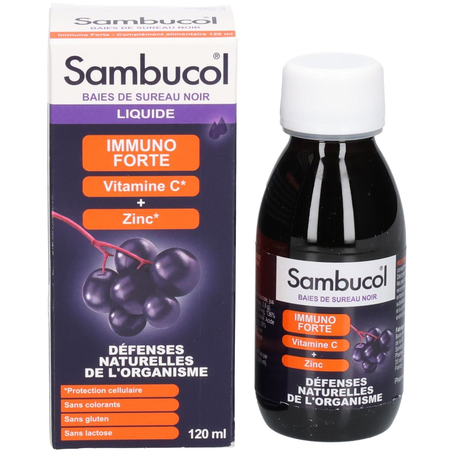 Produktverpackung und Flasche mit flüssigem Nahrungsergänzungsmittel. Aufschrift: Sambucol, Immuno Forte, Vitamin C + Zink.