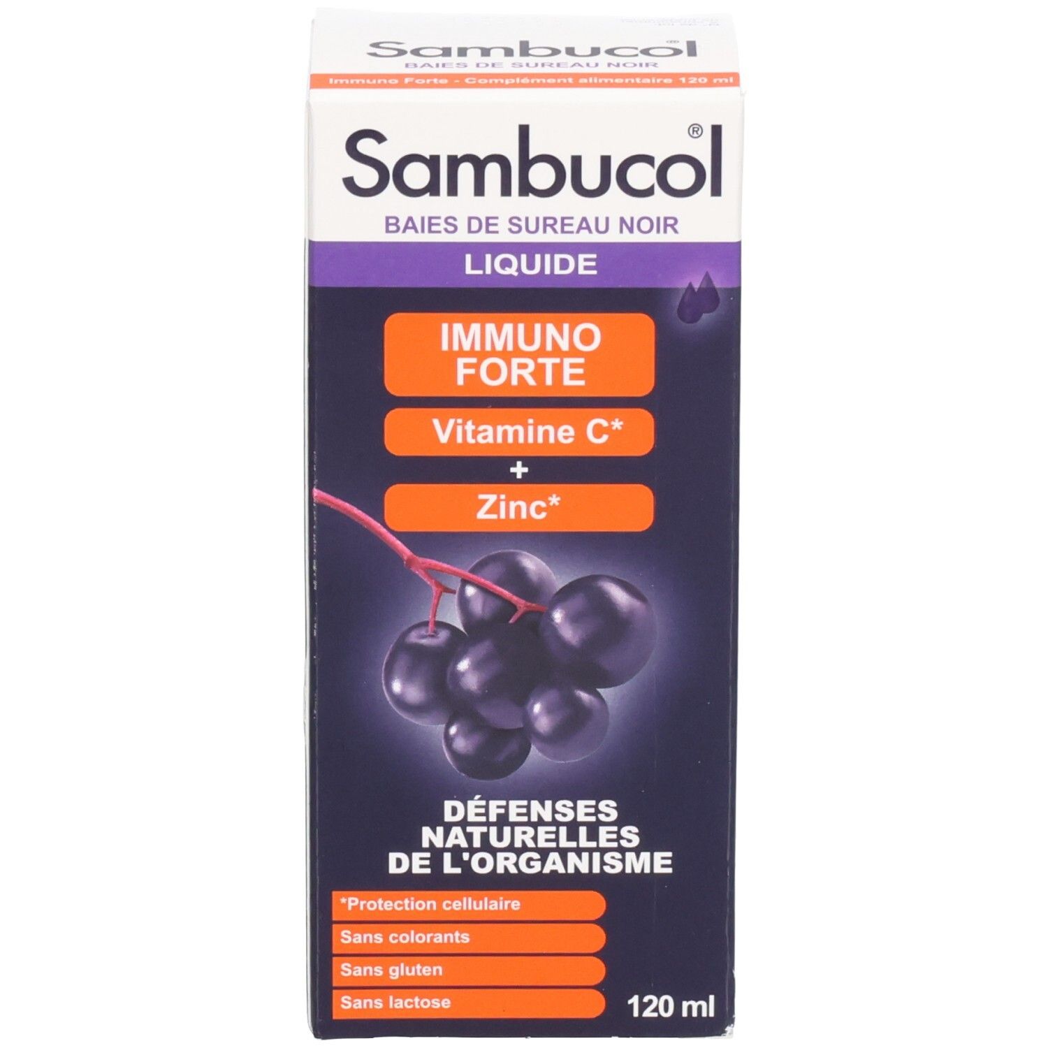 Produktverpackung mit Aufschrift: Sambucol, Immuno Forte, Vitamin C + Zink, 120 ml.