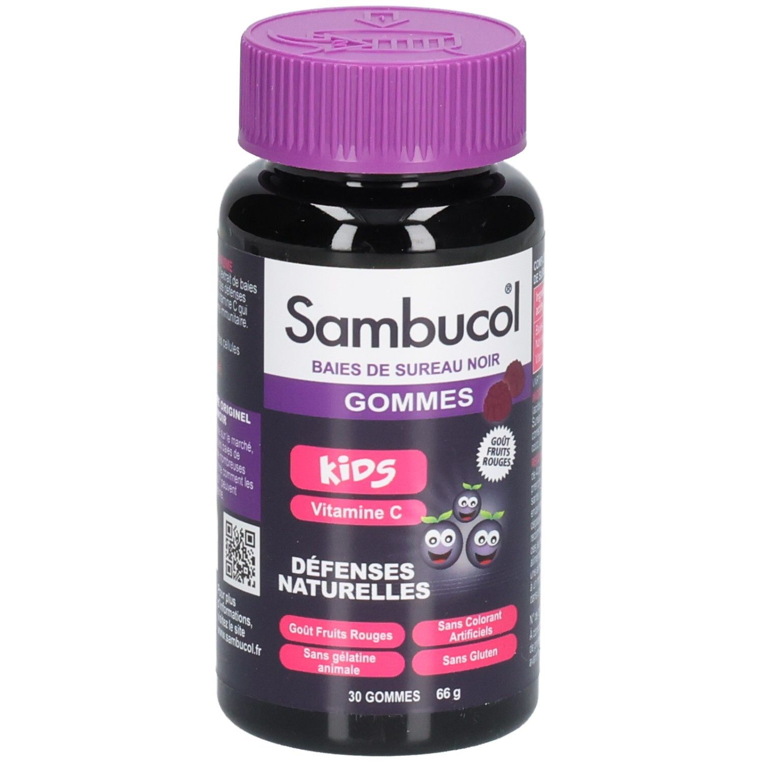 Dose mit Sambucol Kids Gummis. Lila Deckel, schwarze Dose. Aufschrift: Baies de Sureau Noir, Gommes, Kids, Vitamine C.