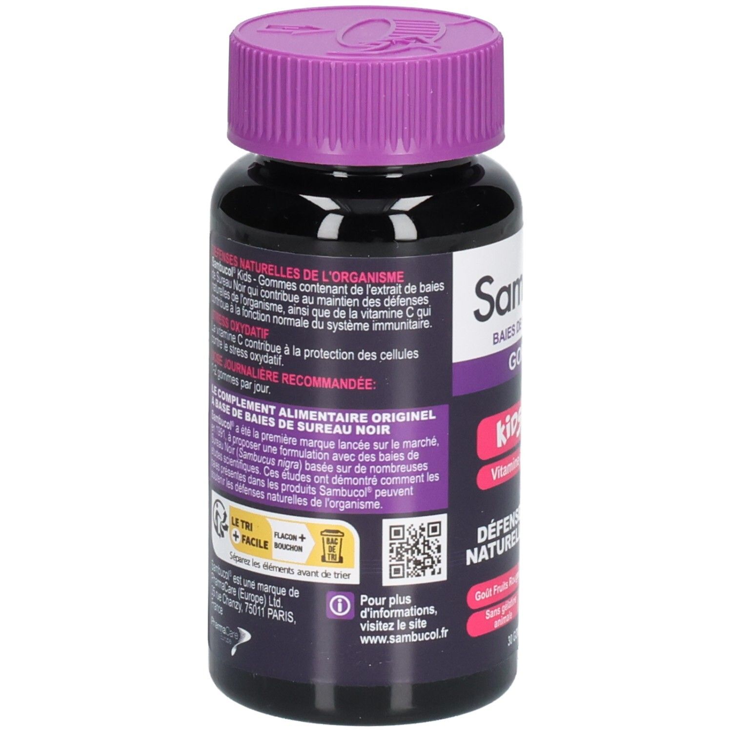Rückseite der Sambucol Kids Gummis Dose. Text: Défenses Naturelles, Informationen, QR-Code, Inhaltsstoffe, Dosierung.