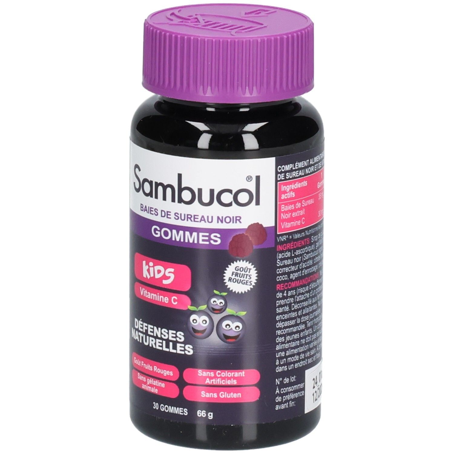 Dose Sambucol Kids Gummis. Lila Deckel, schwarze Dose. Aufschrift: Baies de Sureau Noir, Gommes, Kids, Vitamine C.