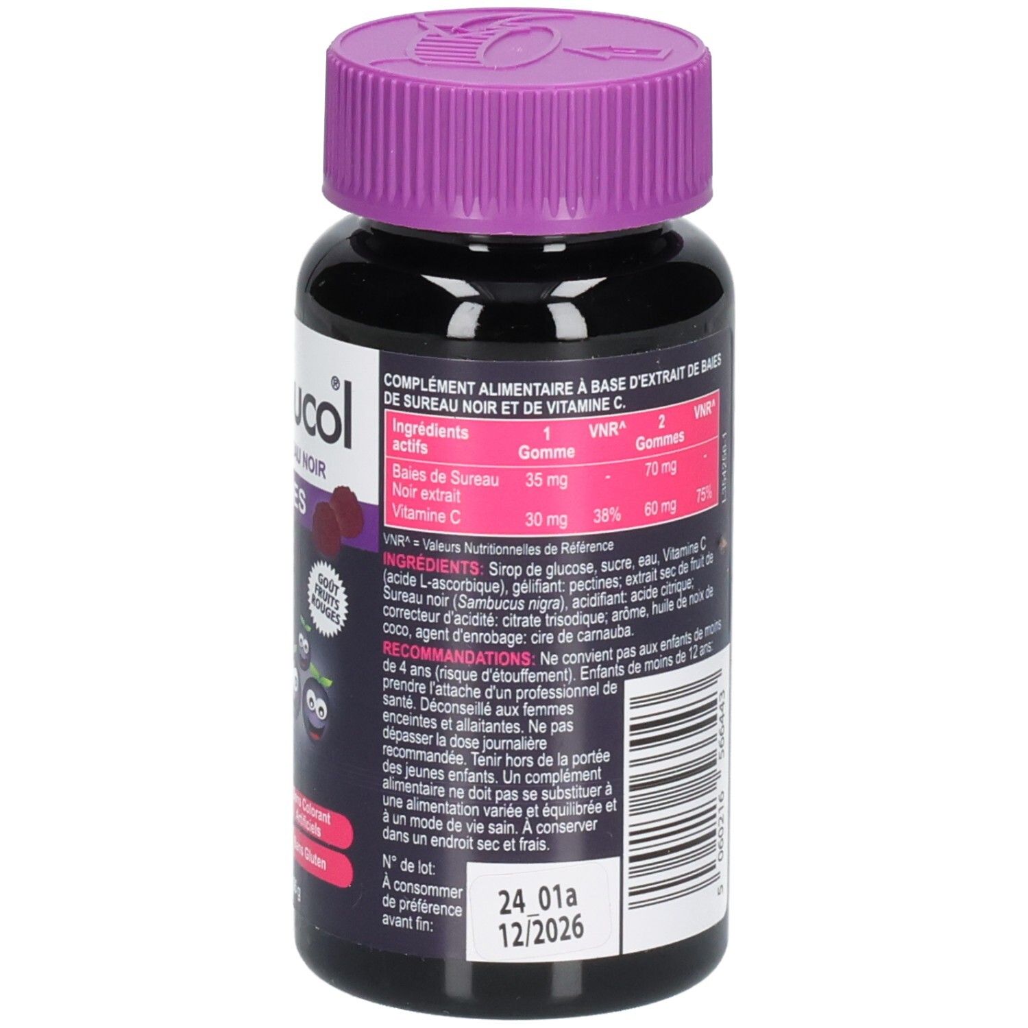 Rückseite der Sambucol Kids Gummis Dose. Text: Inhaltsstoffe, Dosierung, Verfallsdatum, QR-Code, Marke.