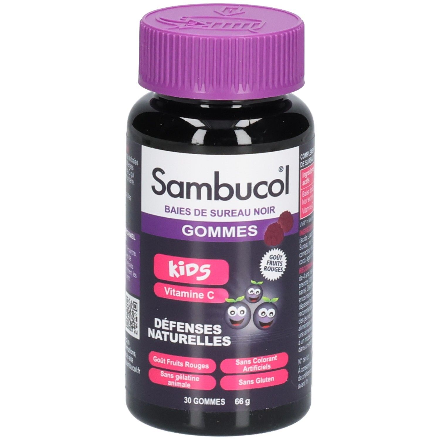 Dose Sambucol Kids Gummis. Lila Deckel, schwarze Dose. Aufschrift: Baies de Sureau Noir, Gommes, Kids, Vitamine C.