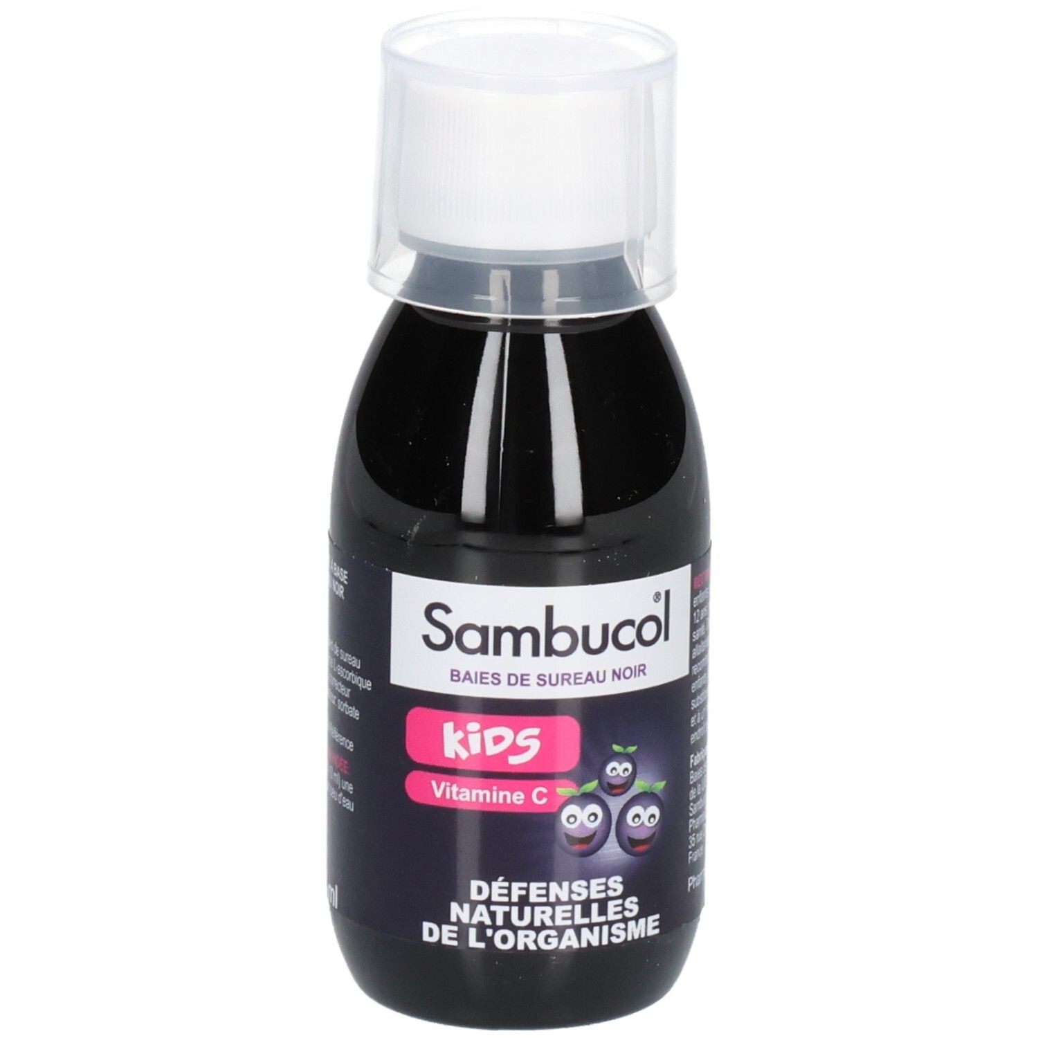 Sambucol Kids Flasche. Schwarze Flüssigkeit mit weißem Deckel. Aufschrift: Défenses naturelles de l'organisme.