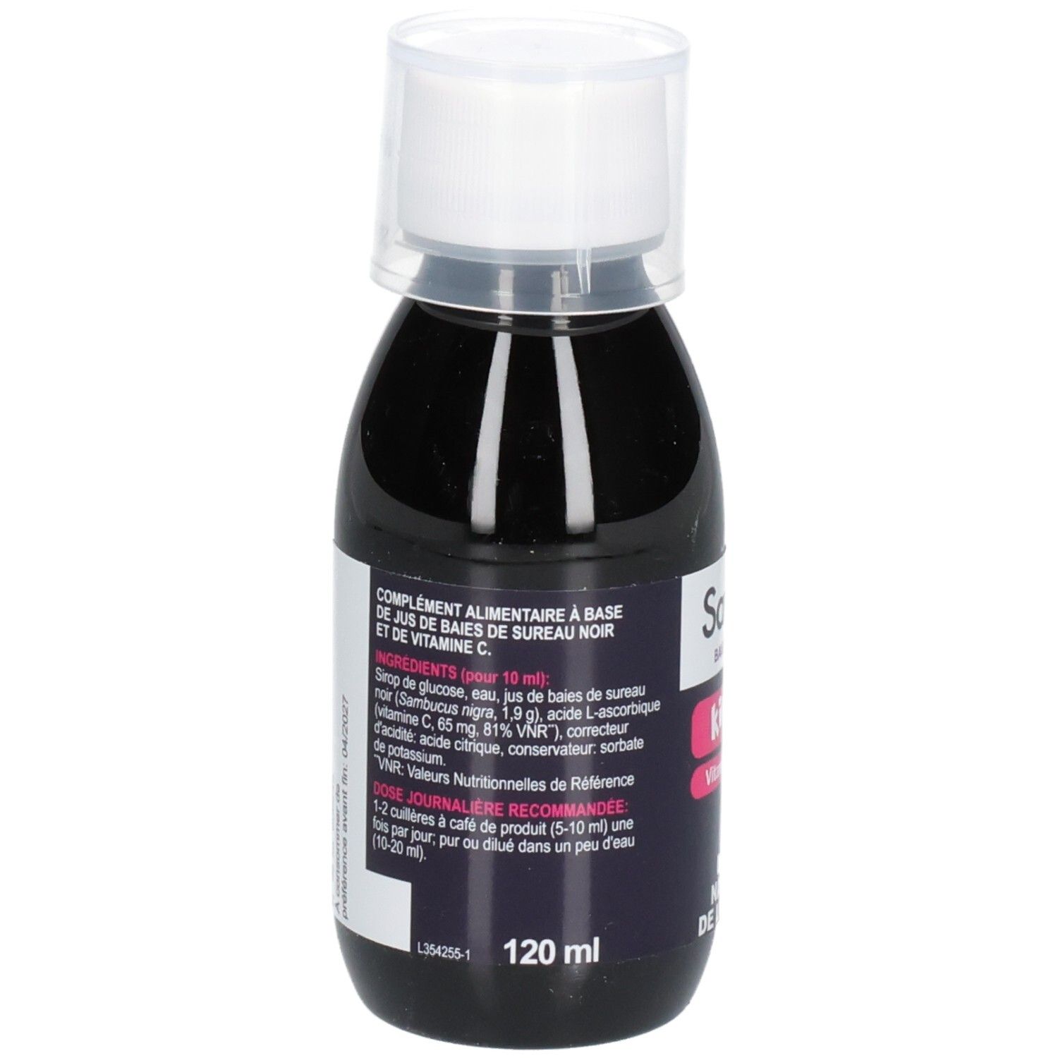 Sambucol Kids Flasche. Schwarze Flüssigkeit mit weißem Deckel. Aufschrift: 120 ml.
