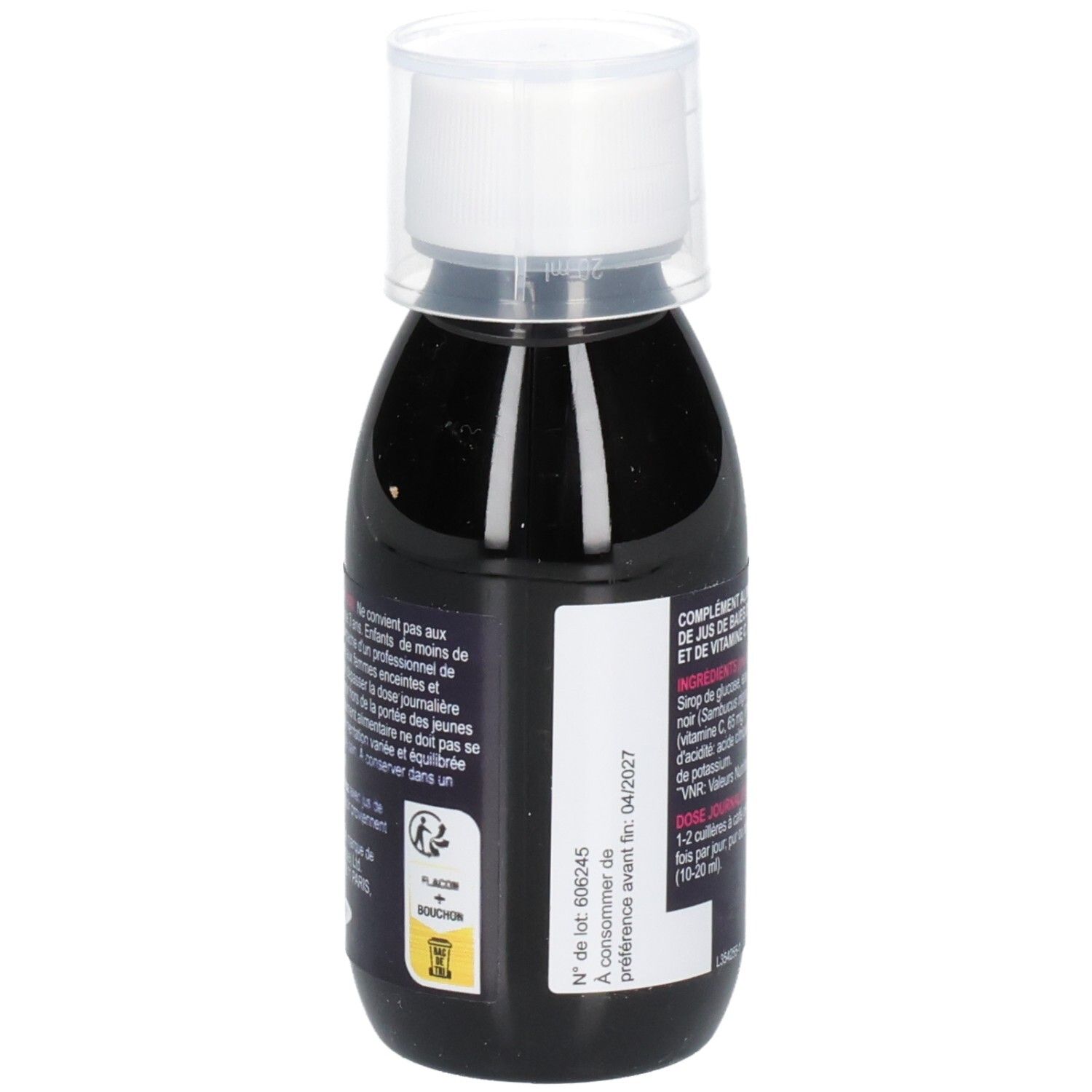 Sambucol Kids Flasche. Schwarze Flüssigkeit mit weißem Deckel. Aufschrift: A consommer avant fin 04/2027.