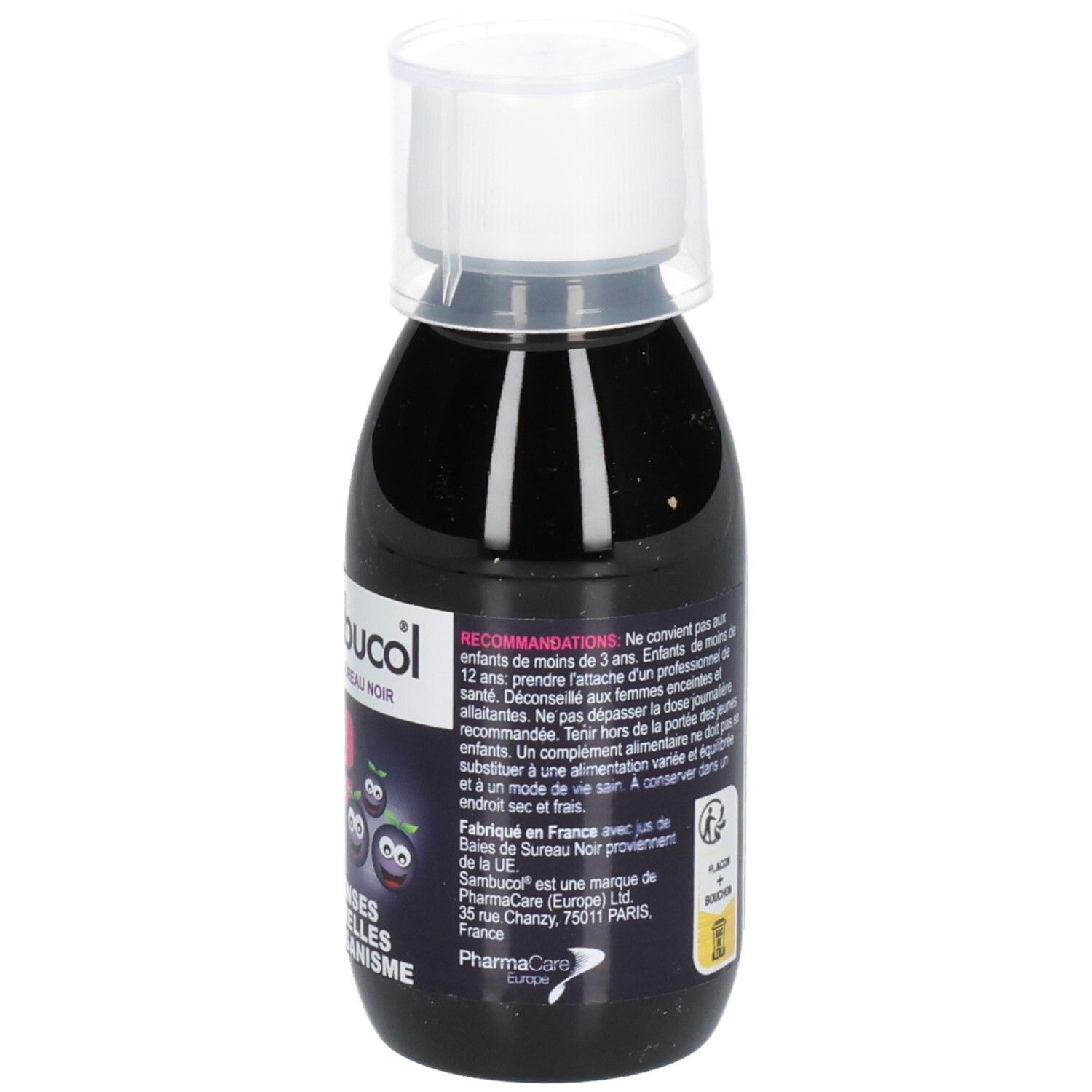 Sambucol Kids Flasche. Schwarze Flüssigkeit mit weißem Deckel. Aufschrift: Fabriqué en France.