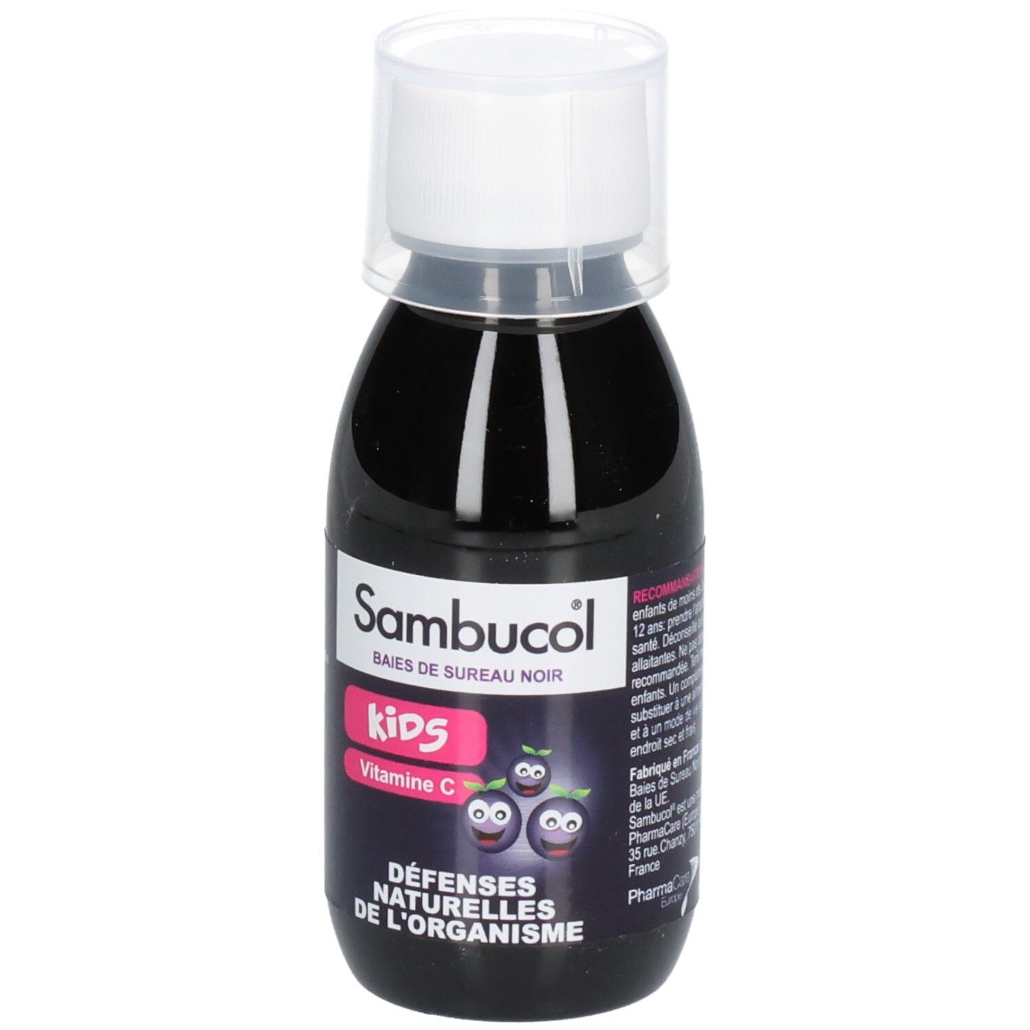 Sambucol Kids Flasche. Schwarze Flüssigkeit mit weißem Deckel. Aufschrift: Défenses naturelles de l'organisme.