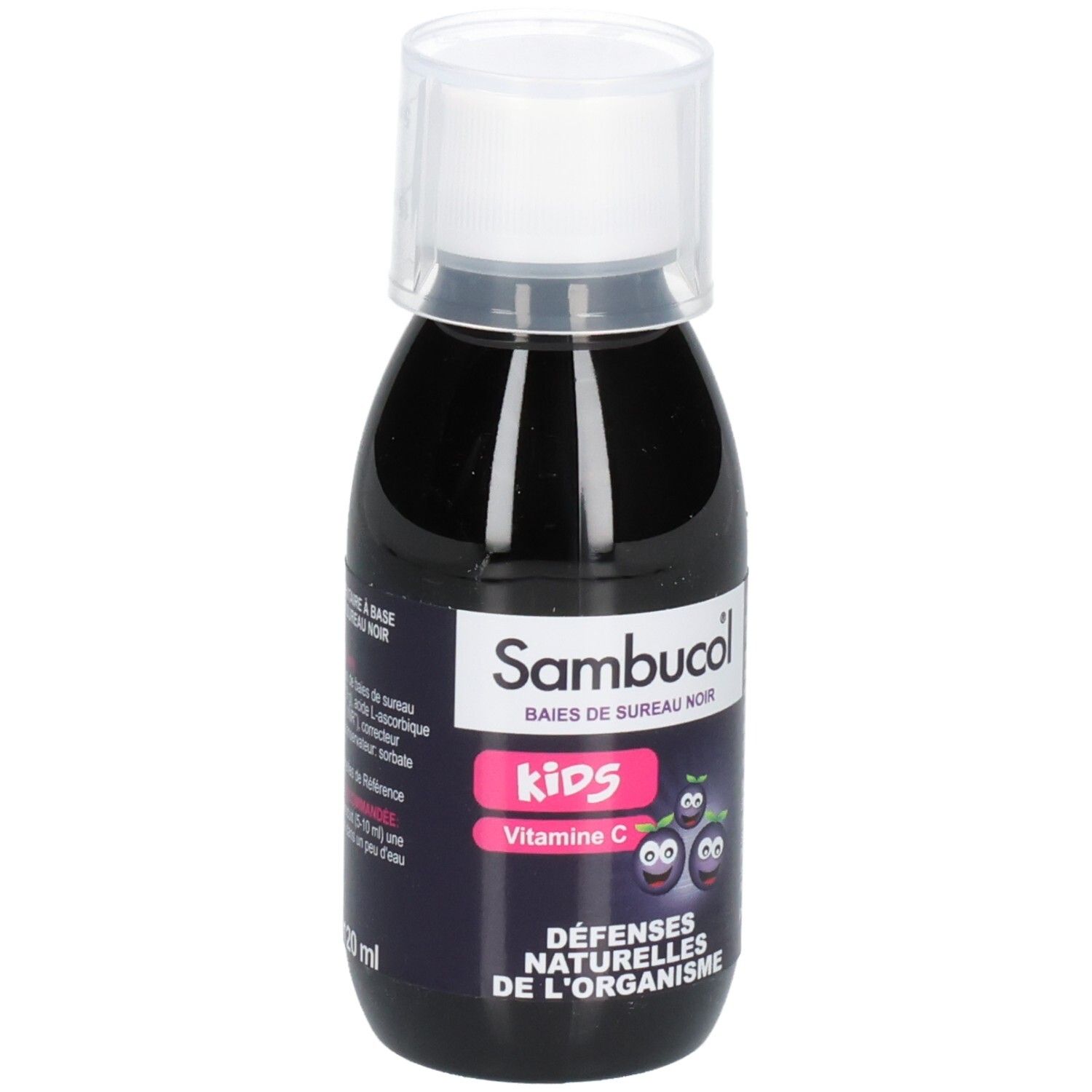 Sambucol Kids Flasche. Schwarze Flüssigkeit mit weißem Deckel. Aufschrift: 120 ml.