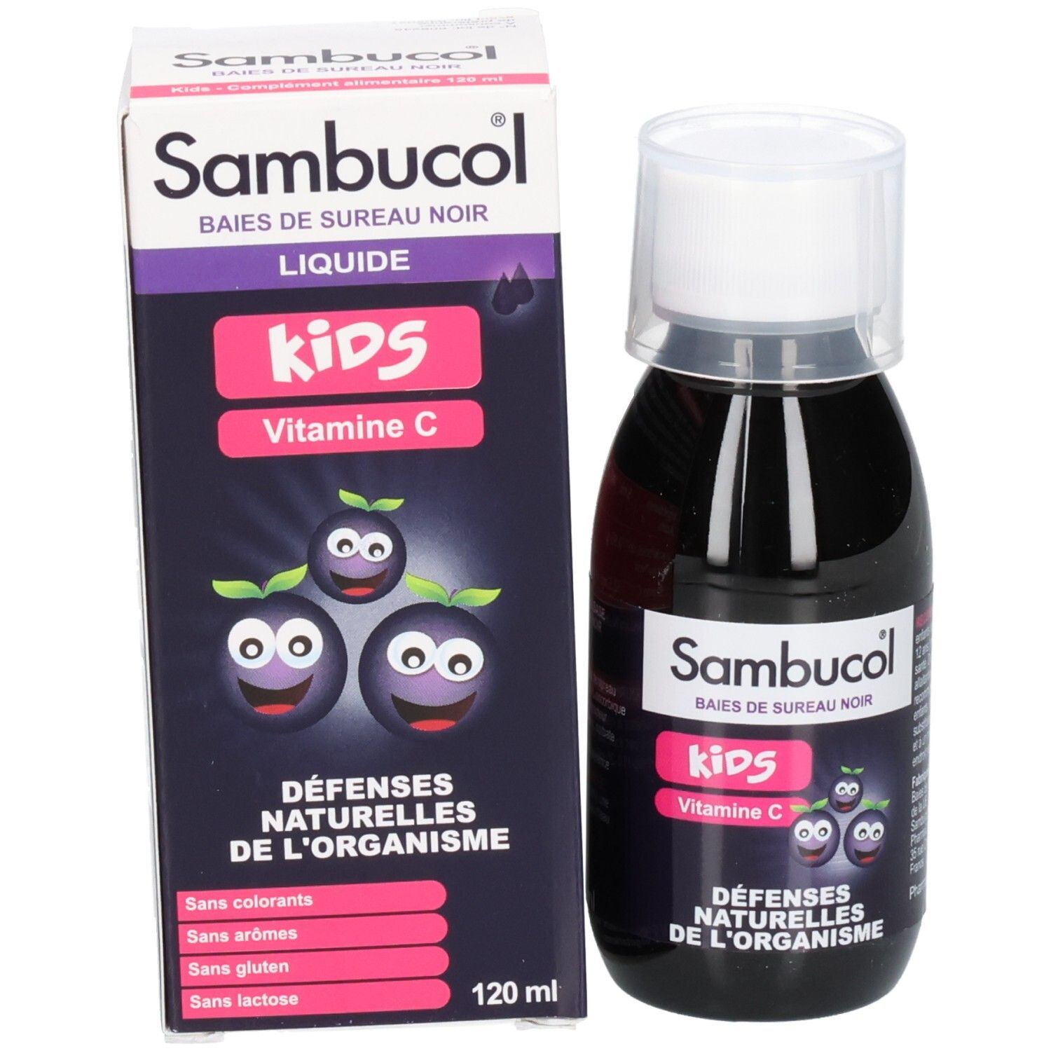 Sambucol Kids Flasche und Karton. Schwarze Flüssigkeit, weißer Deckel. Karton mit Aufschrift: 120 ml.