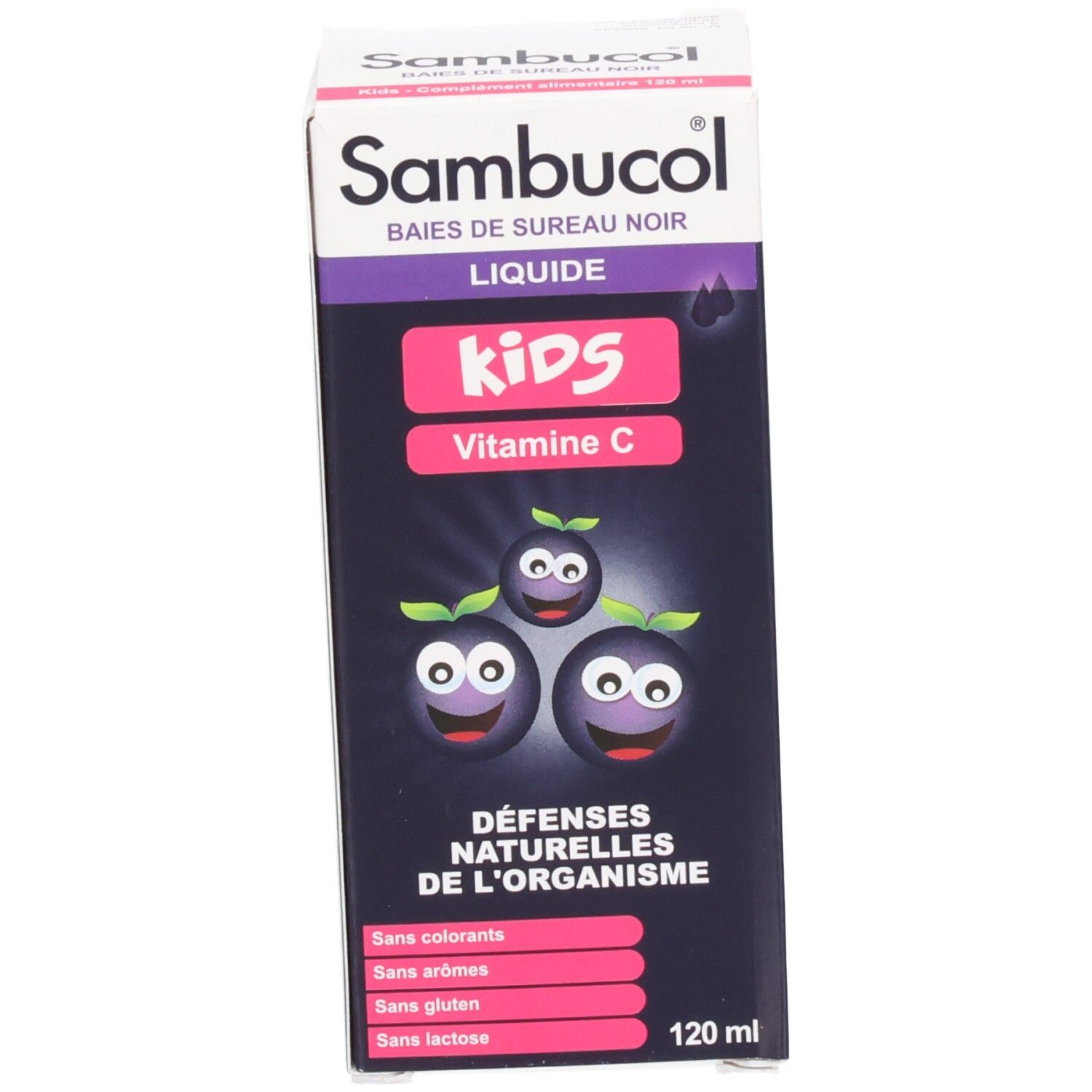 Sambucol Kids Karton. Aufschrift: 120 ml. Mit Abbildung von Früchten.