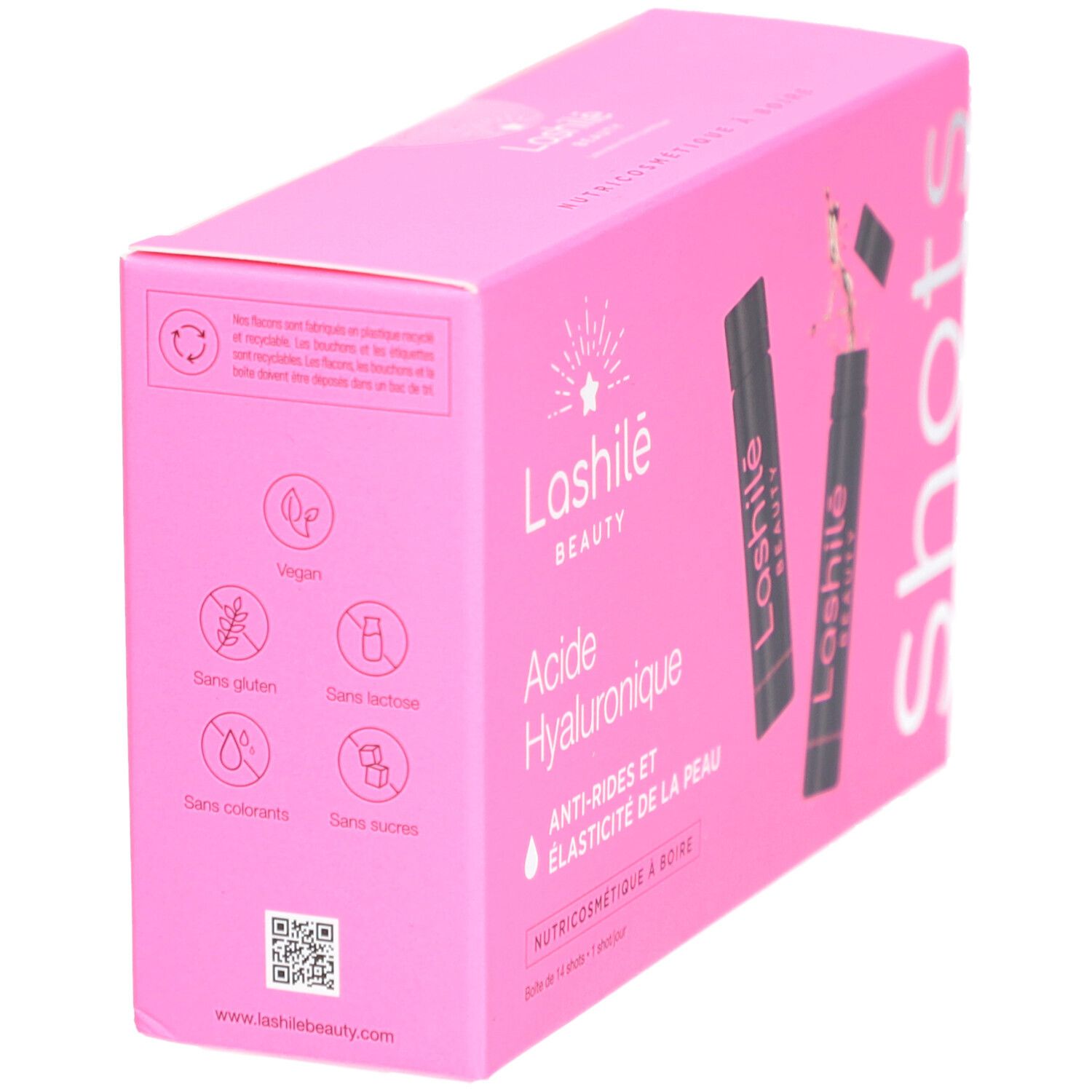 Boîte rose, vue latérale. Inscription: Lashilé Beauty, Acide Hyaluronique, Anti-rides, Élasticité de la peau. Vegan.