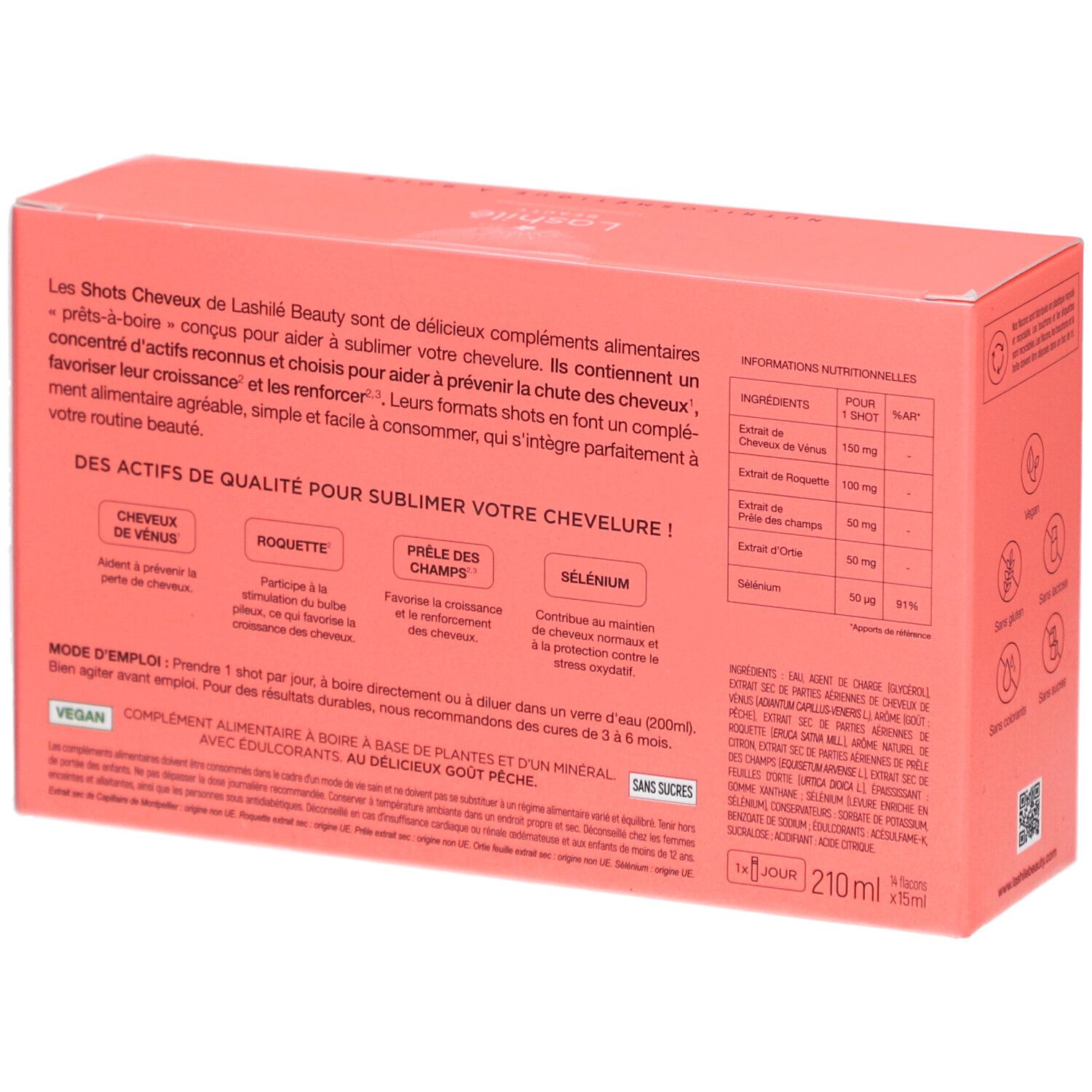 Lashilé Beauty - Shots cheveux - Formule 3 en 1 - Anti-chute, croissance et fortification - Nutricosmétique à boire - Programme 14 Jours - Cheveux de vénus, roquette, prêle, sélenium