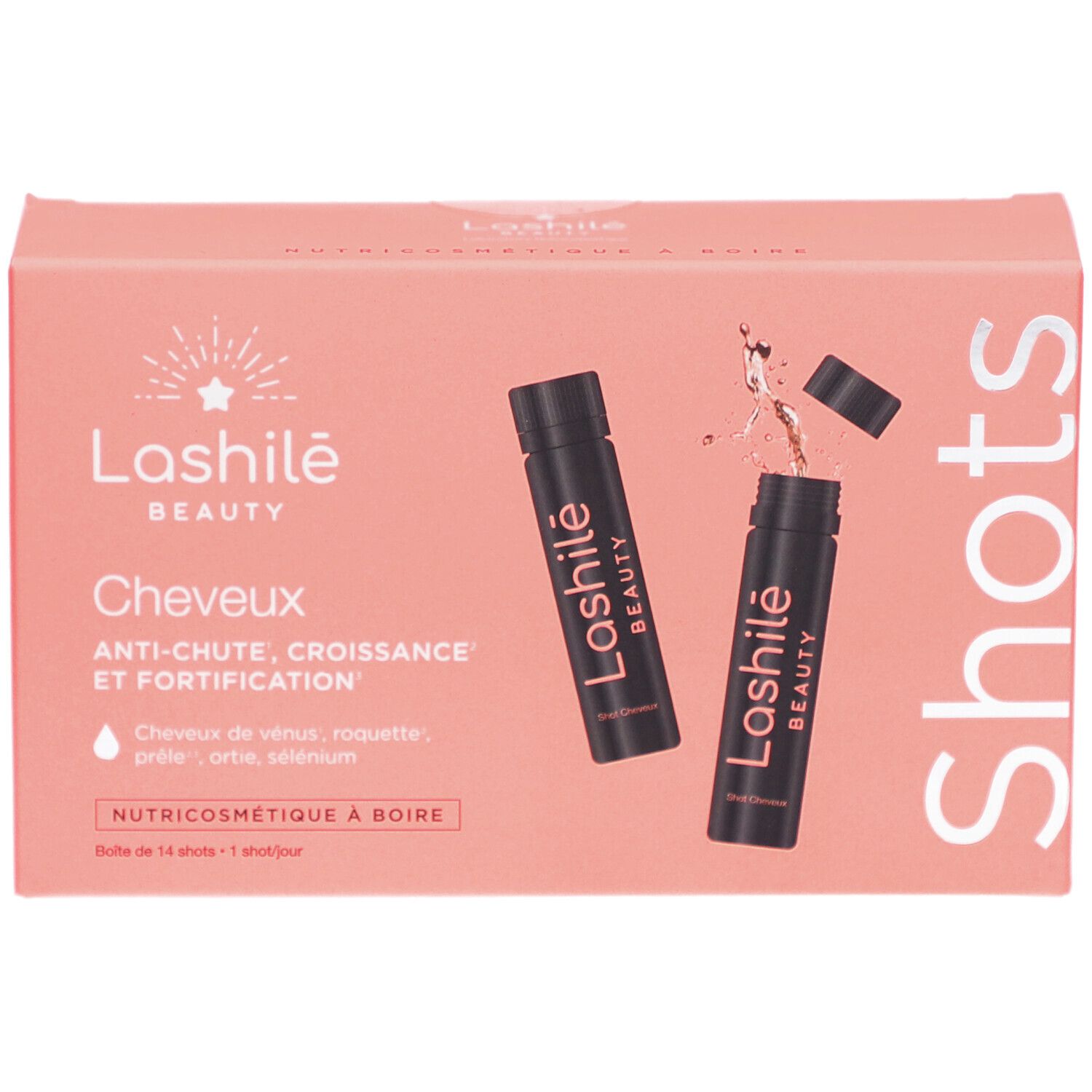 Lashilé Beauty - Shots cheveux - Formule 3 en 1 - Anti-chute, croissance et fortification - Nutricosmétique à boire - Programme 14 Jours - Cheveux de vénus, roquette, prêle, sélenium
