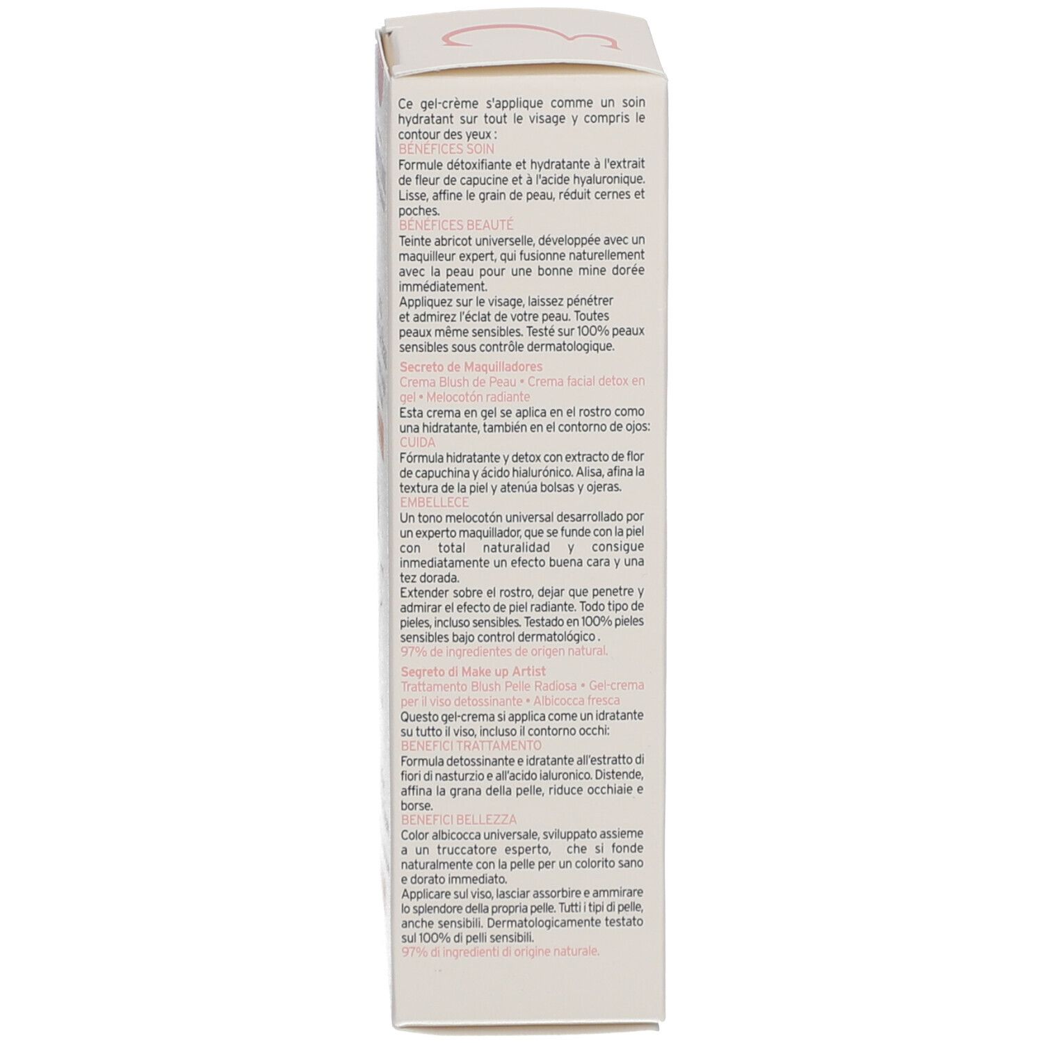 Emballage du produit. Texte multilingue. Ingrédients, instructions d'utilisation et adresse du fabricant. 97% d'ingrédients naturels.