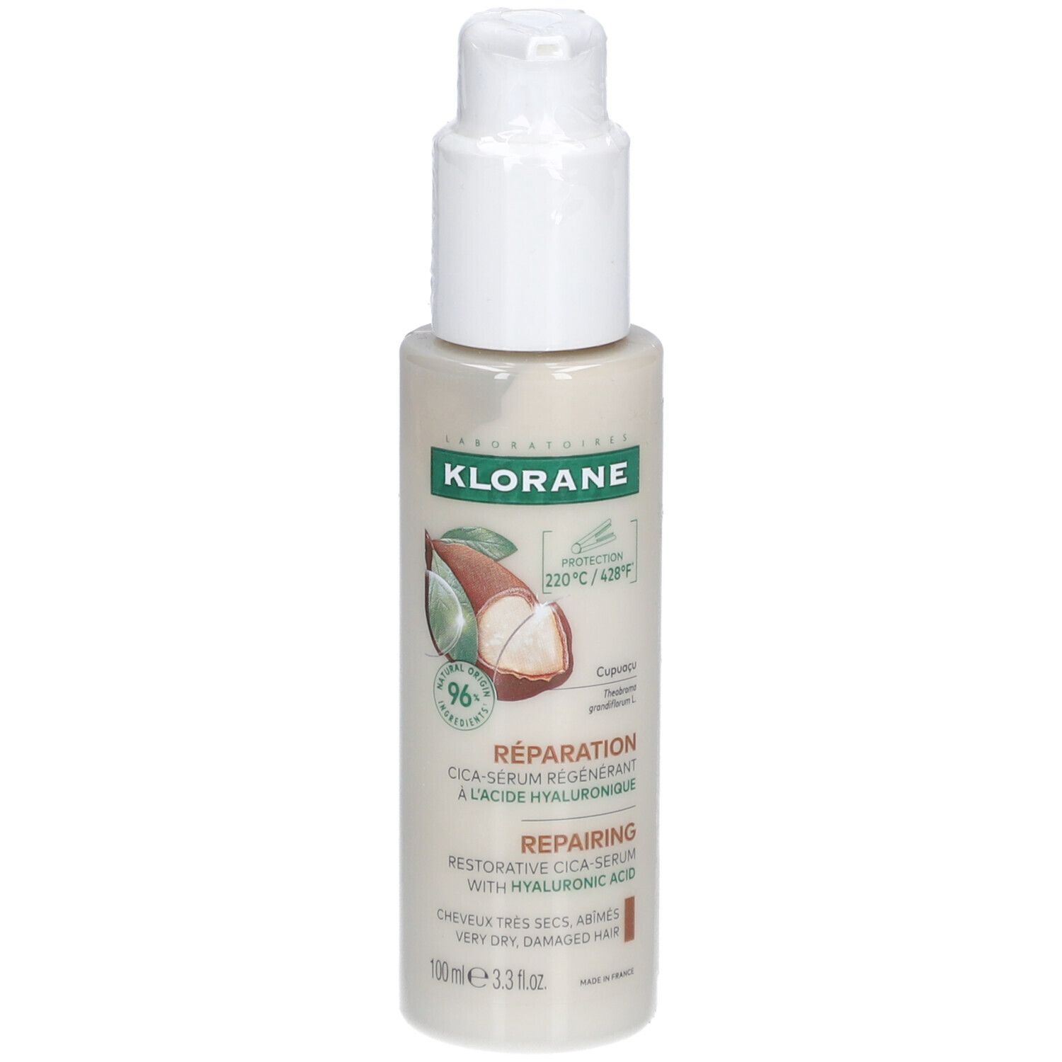 Flacon beige avec pompe blanche. Inscription: KLORANE, Cica-Sérum, acide hyaluronique. Pour cheveux très secs, abîmés.