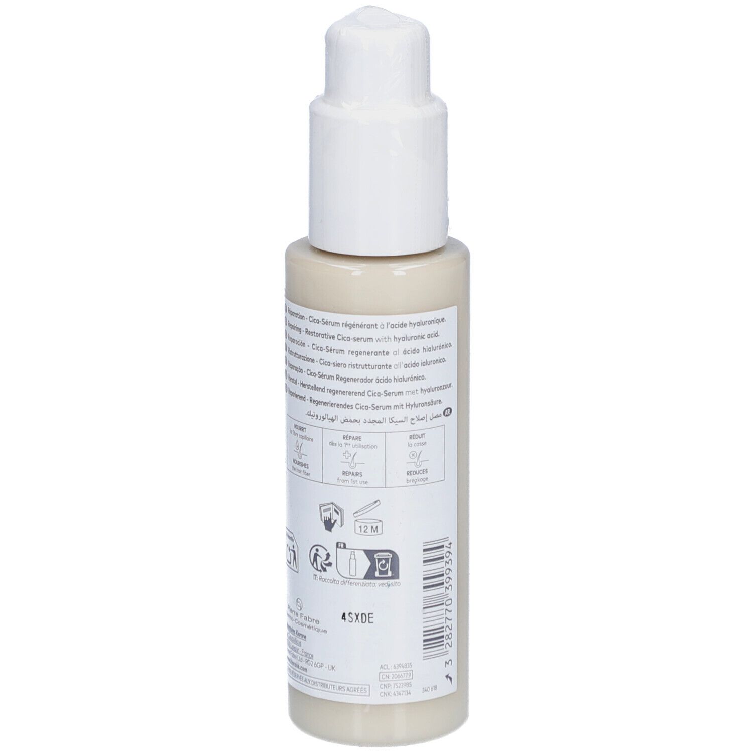 Dos d'un flacon beige avec pompe blanche. Informations produit, ingrédients, symboles. Inscription: KLORANE, Cica-Sérum.
