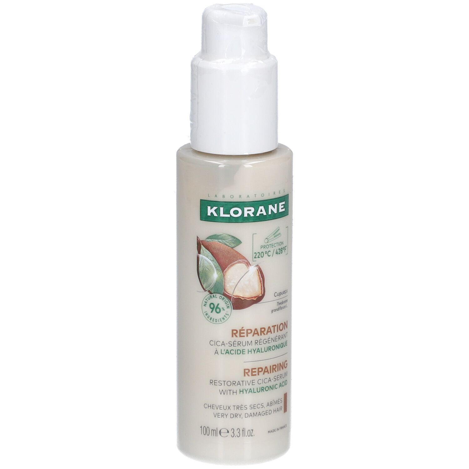 Flacon beige avec pompe blanche. Inscription: KLORANE, Cica-Sérum, acide hyaluronique. Pour cheveux très secs, abîmés.