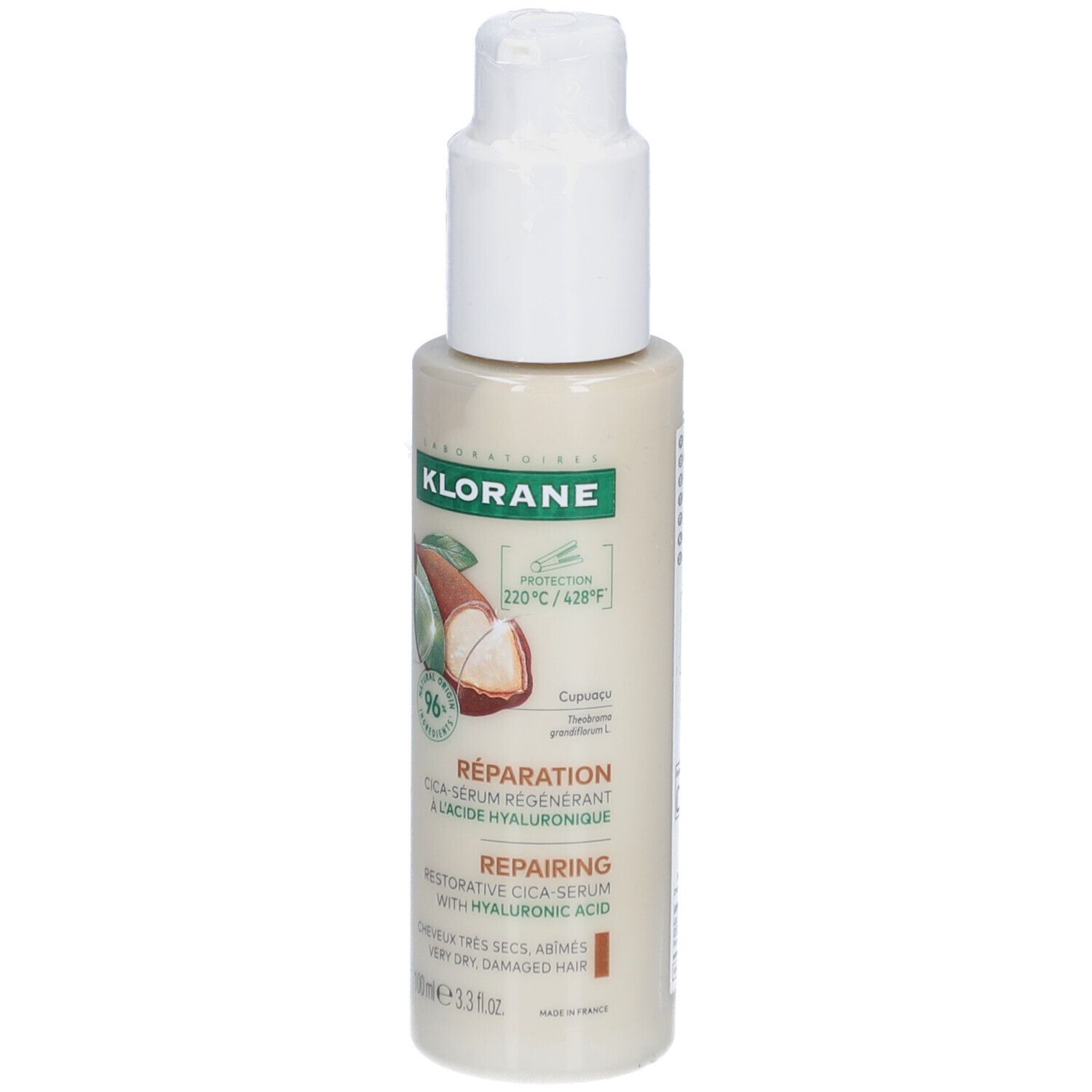 Flacon beige avec pompe blanche. Inscription: KLORANE, Cica-Sérum, acide hyaluronique. Pour cheveux très secs, abîmés.
