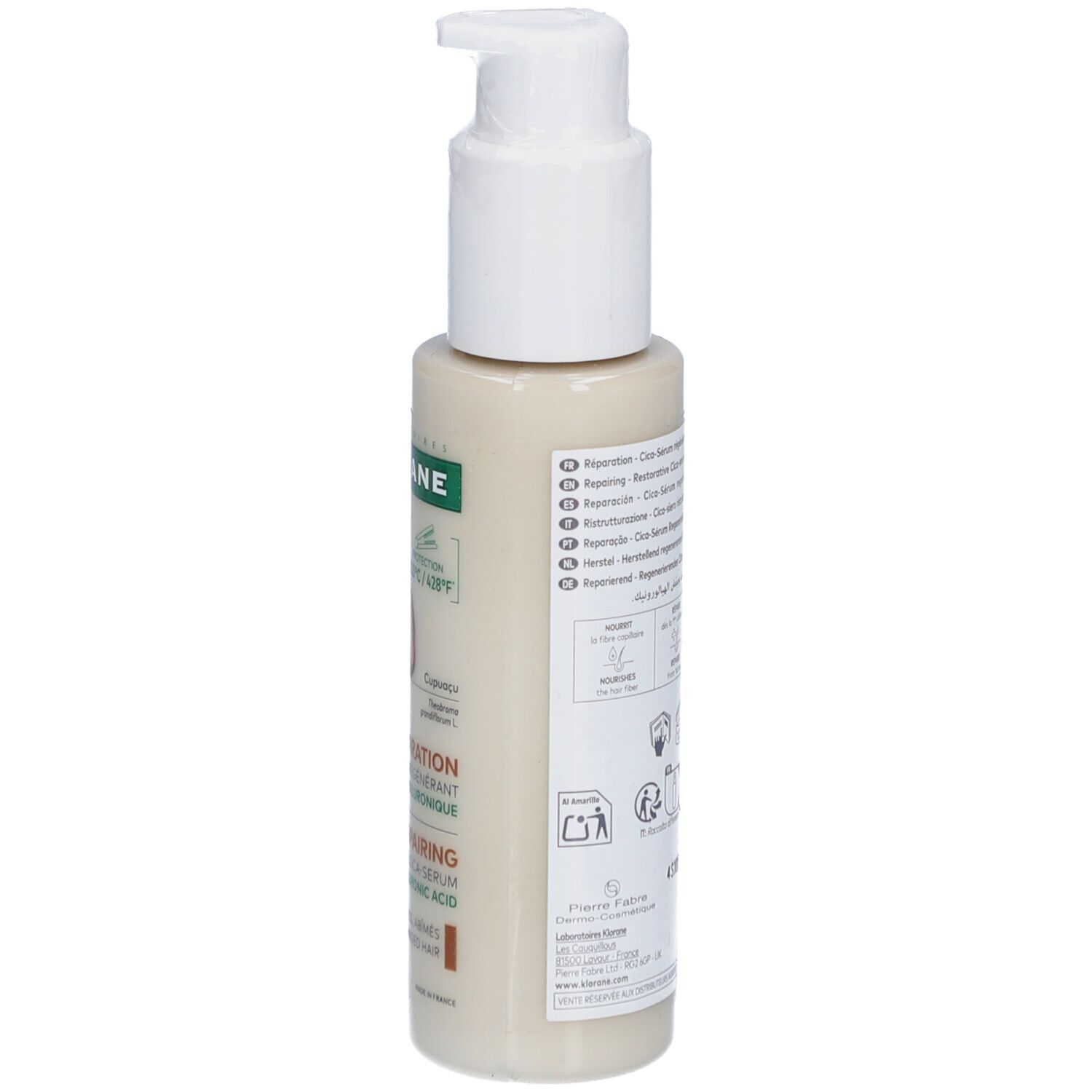 Flacon beige avec pompe blanche, vue latérale. Inscription: KLORANE, Cica-Sérum, acide hyaluronique. Informations produit.