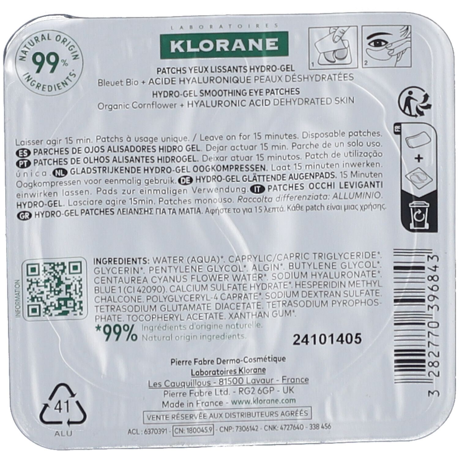 Klorane Patchs yeux lissants au bleuet bio et acide hyaluronique
