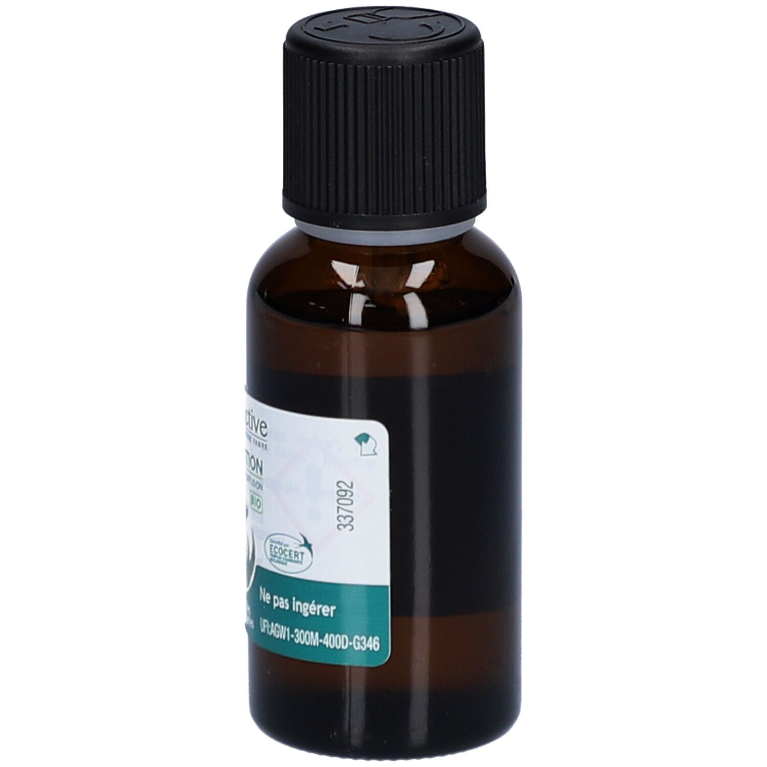 Flacon en verre brun avec bouchon noir. Étiquette avec informations produit et logo ECOCERT. Flacon de 30 ml.