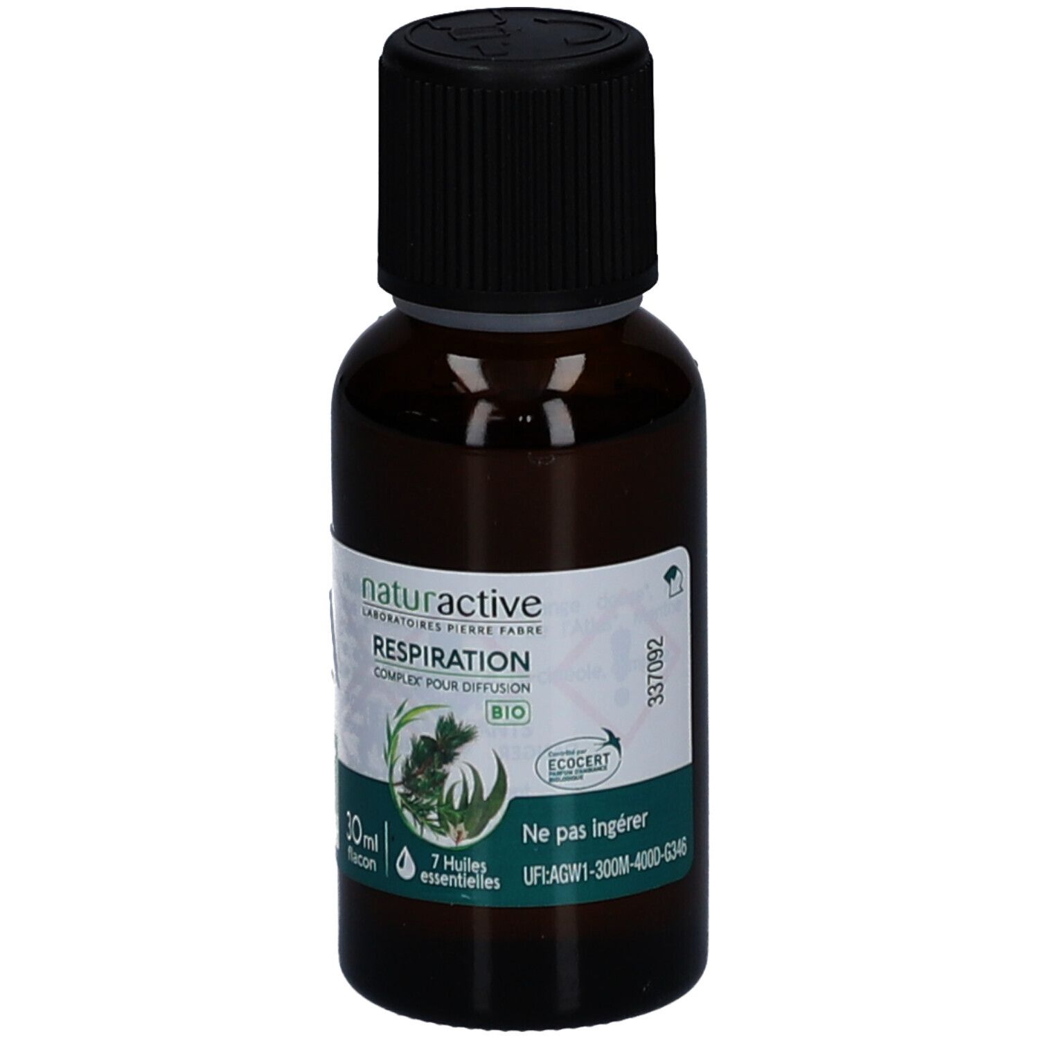 Flacon en verre brun avec bouchon noir. Étiquette avec nom du produit, certification bio et informations. Flacon de 30 ml.