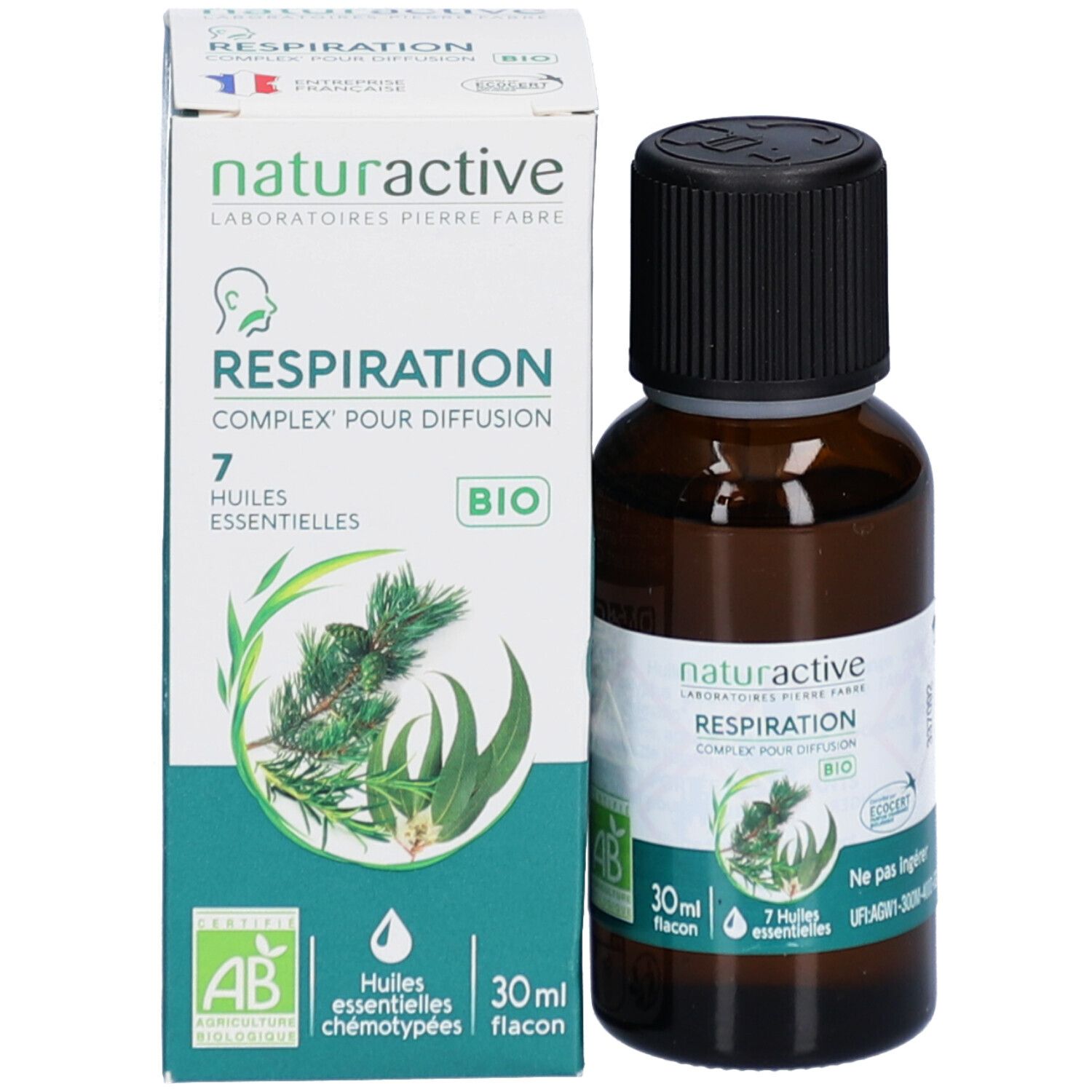 Flacon et emballage du produit. Flacon en verre brun avec bouchon noir. Boîte avec nom du produit, certification bio et informations.