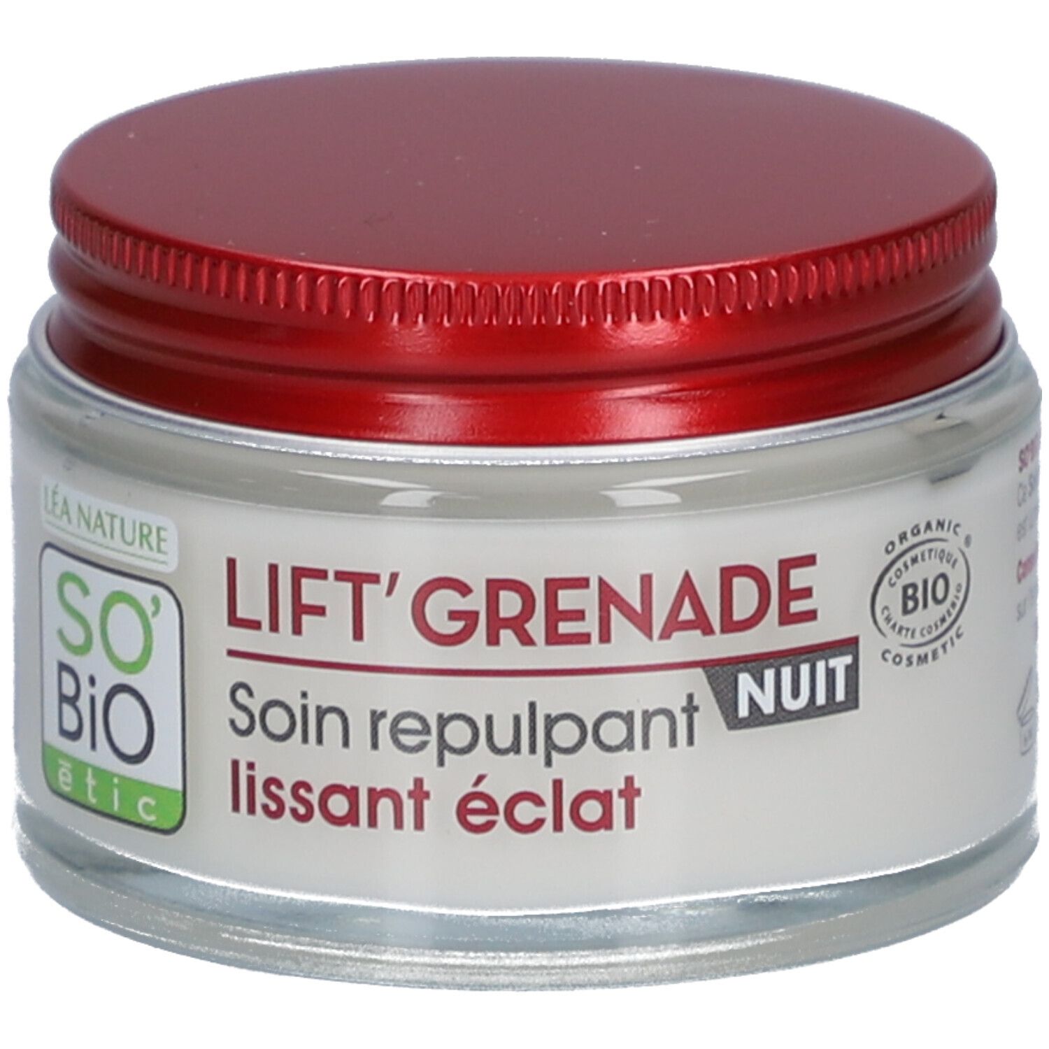 Creme-Glas mit rotem Deckel. Aufschrift: LIFT'GRENADE NUIT, Soin repulpant lissant éclat. SO'BiO étic Logo.