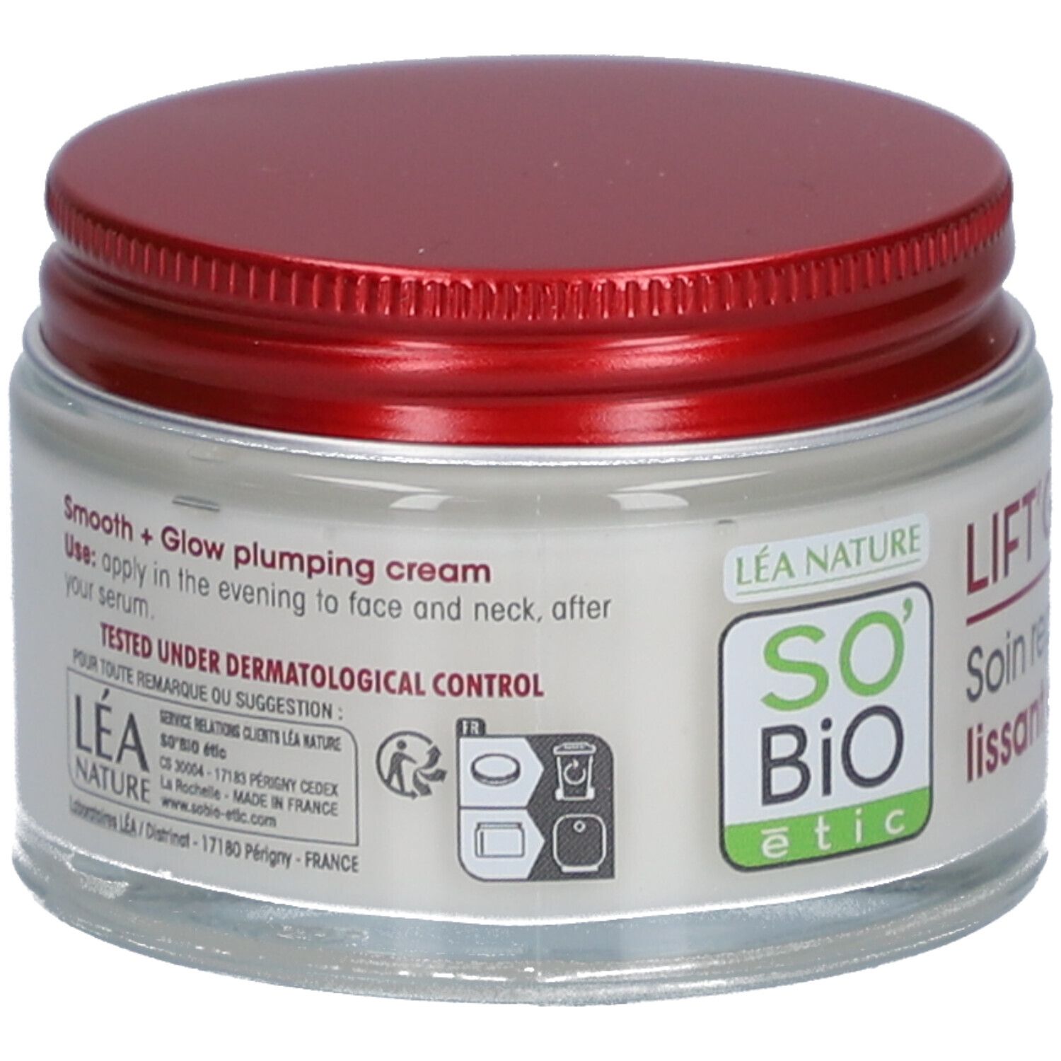 Creme-Glas mit rotem Deckel. Aufschrift: SO'BiO étic. Text: Smooth + Glow plumping cream. Getestet unter dermatologischer Kontrolle.
