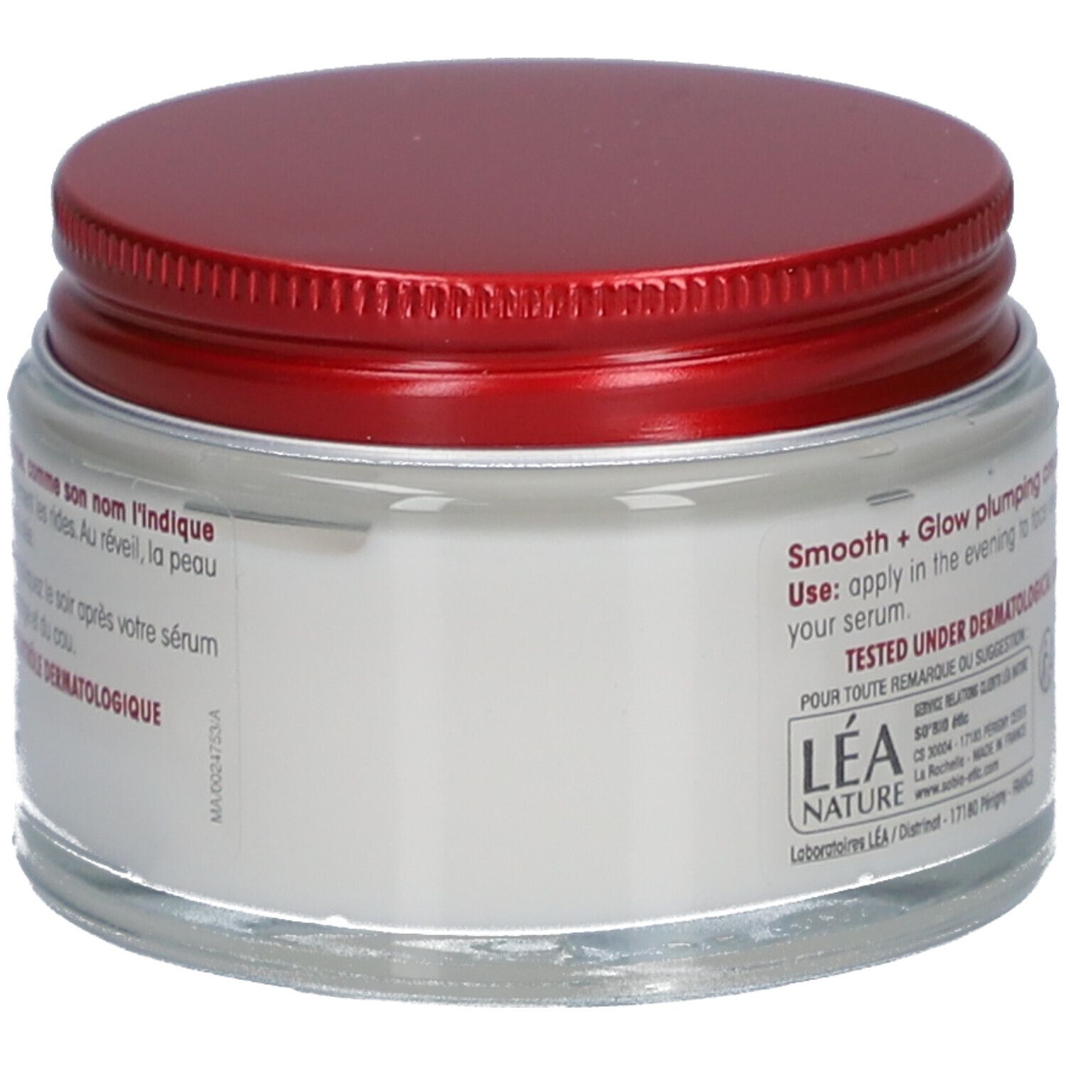 Creme-Glas mit rotem Deckel. Aufschrift: SO'BiO étic. Text: Smooth + Glow plumping cream. Getestet unter dermatologischer Kontrolle.