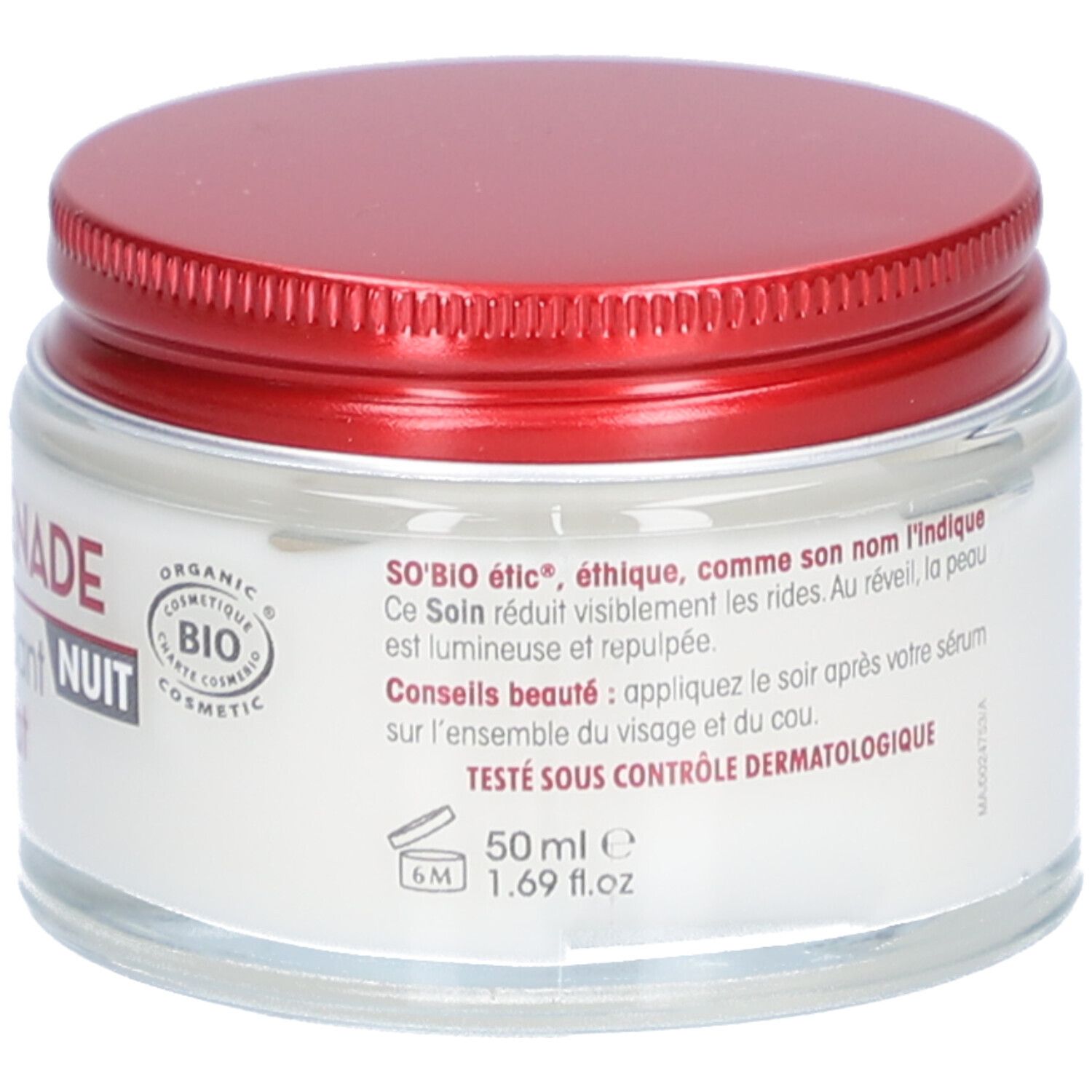 Creme-Glas mit rotem Deckel. Aufschrift: LIFT'GRENADE NUIT. Text: SO'BiO étic, 50 ml, 1.69 fl.oz. Bio-Zertifizierung.