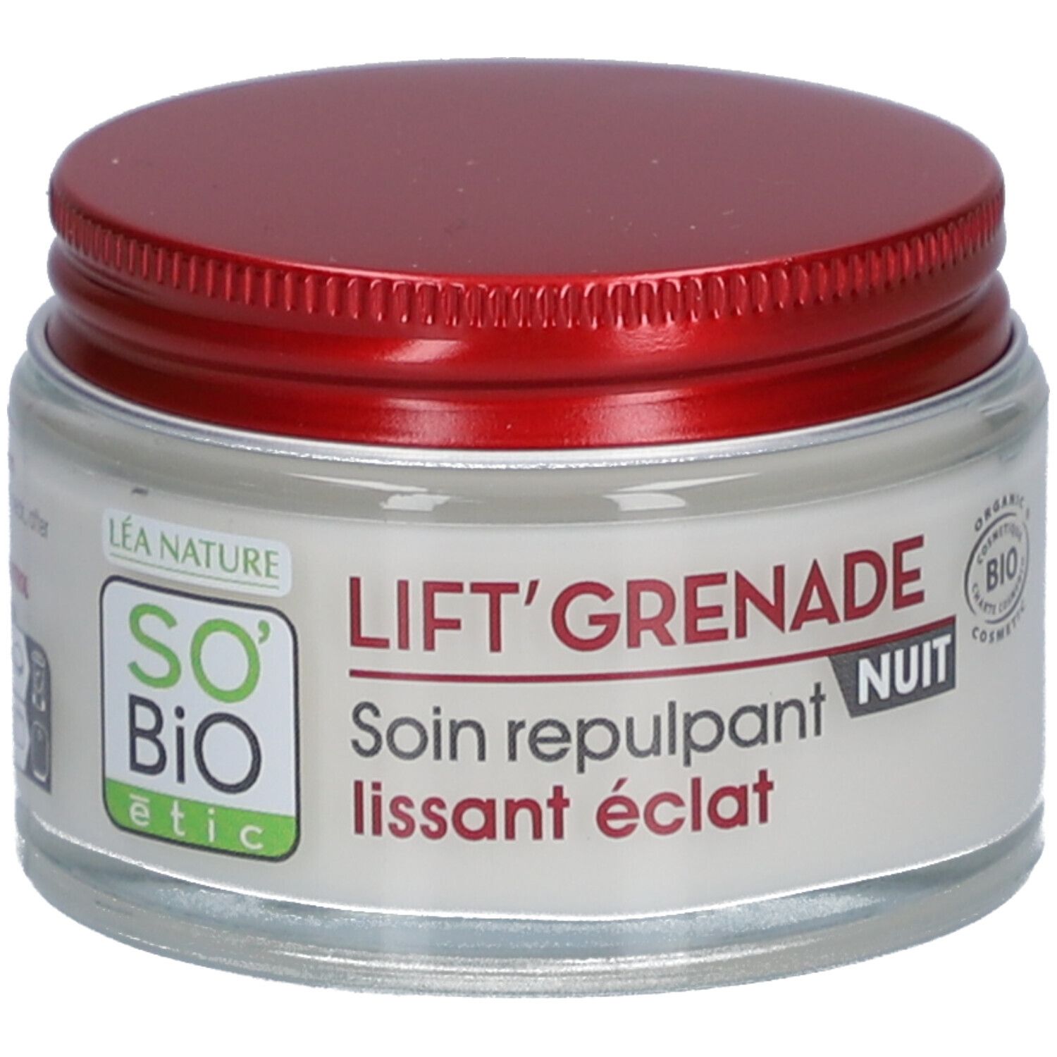 Creme-Glas mit rotem Deckel. Aufschrift: LIFT'GRENADE NUIT, Soin repulpant lissant éclat. SO'BiO étic Logo.