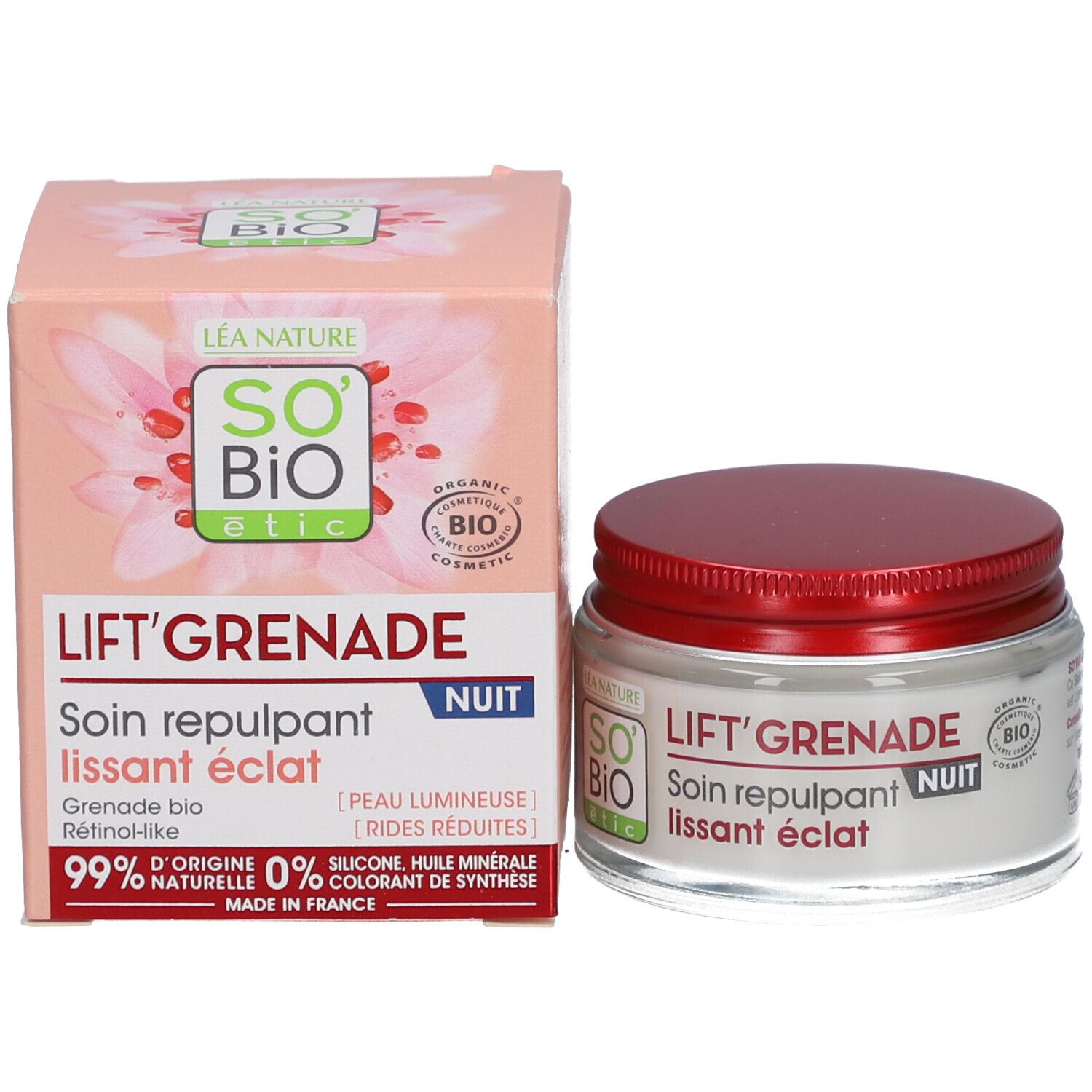 Creme-Glas und Karton. Aufschrift: LIFT'GRENADE NUIT, Soin repulpant lissant éclat. SO'BiO étic Logo. Bio-Zertifizierung.