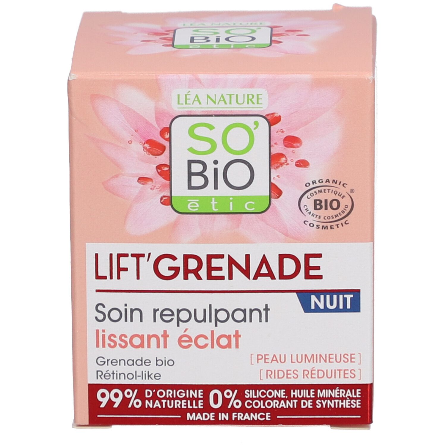 Karton mit Aufschrift: LIFT'GRENADE NUIT, Soin repulpant lissant éclat. SO'BiO étic Logo. Bio-Zertifizierung.
