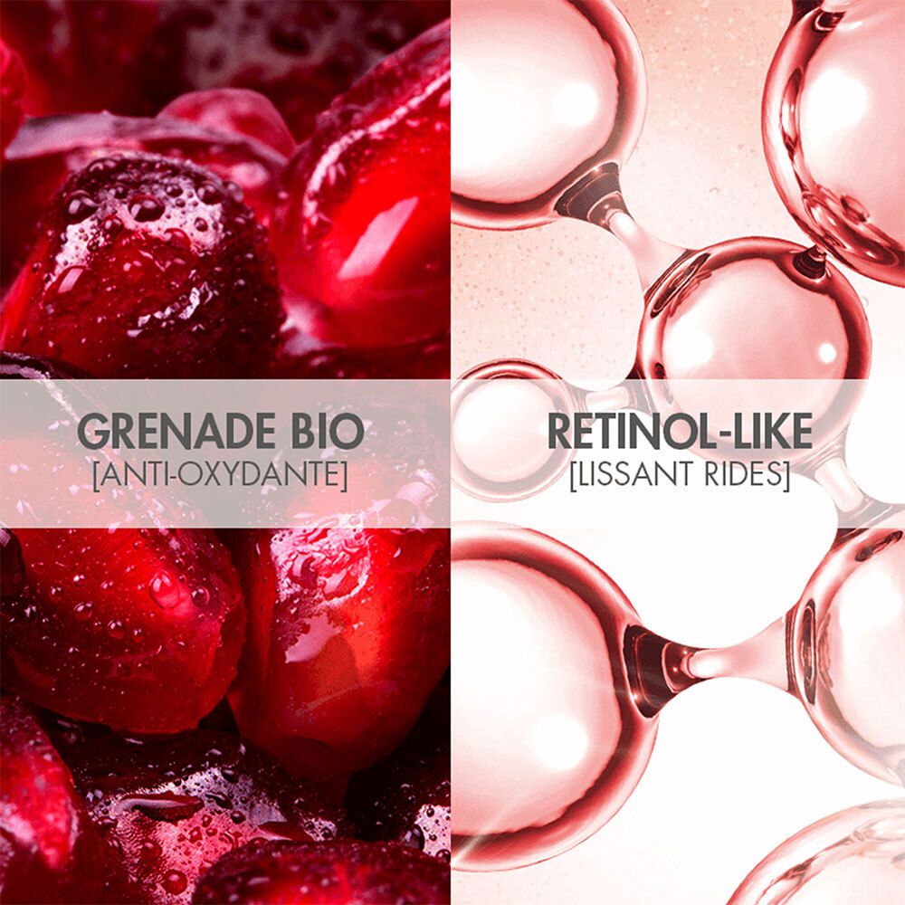 Zwei Bildhälften: Granatapfel und Moleküle. Text: Grenade BIO, Retinol-like.