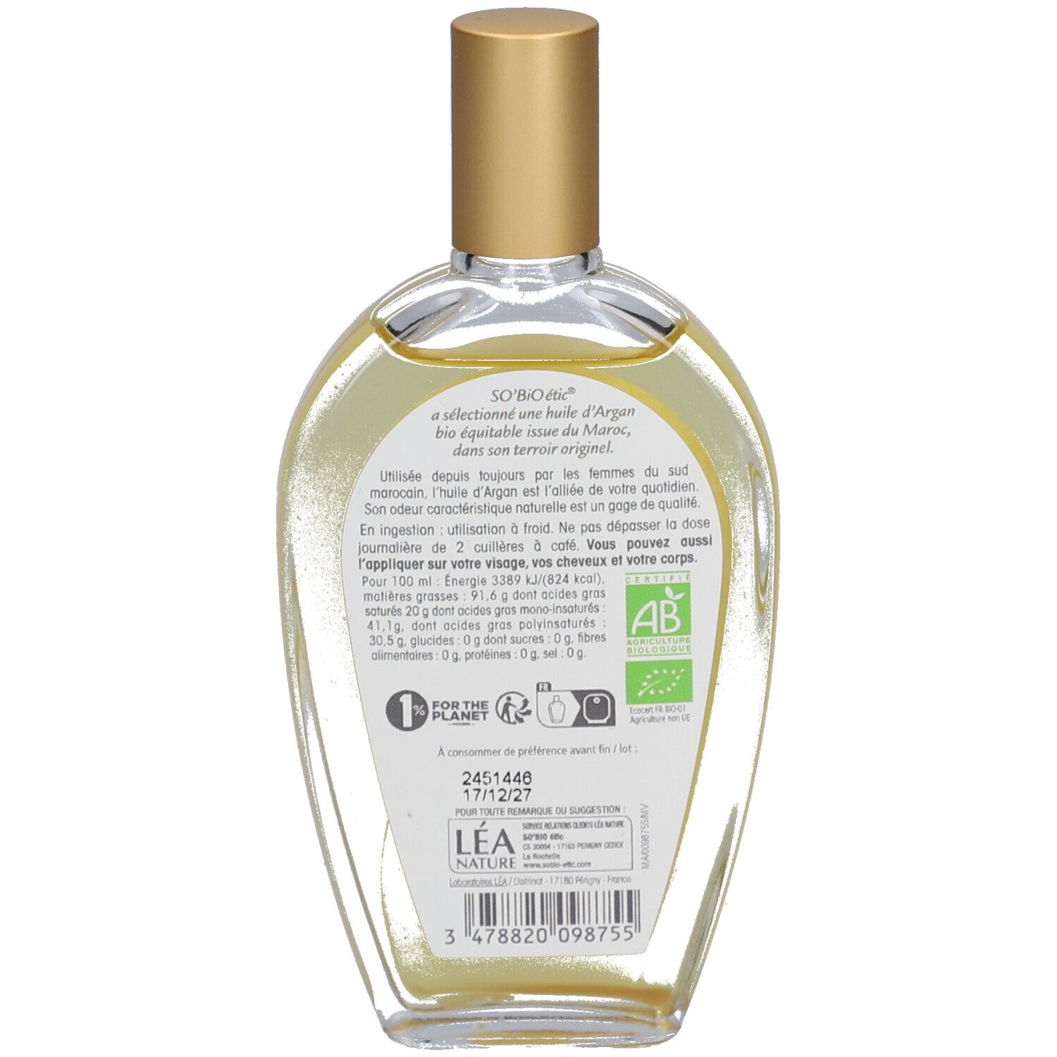 Rückseite der SO BIO ETIC Arganöl-Flasche. Text, Logo, Bio-Siegel und Barcode. Transparente Glasflasche.