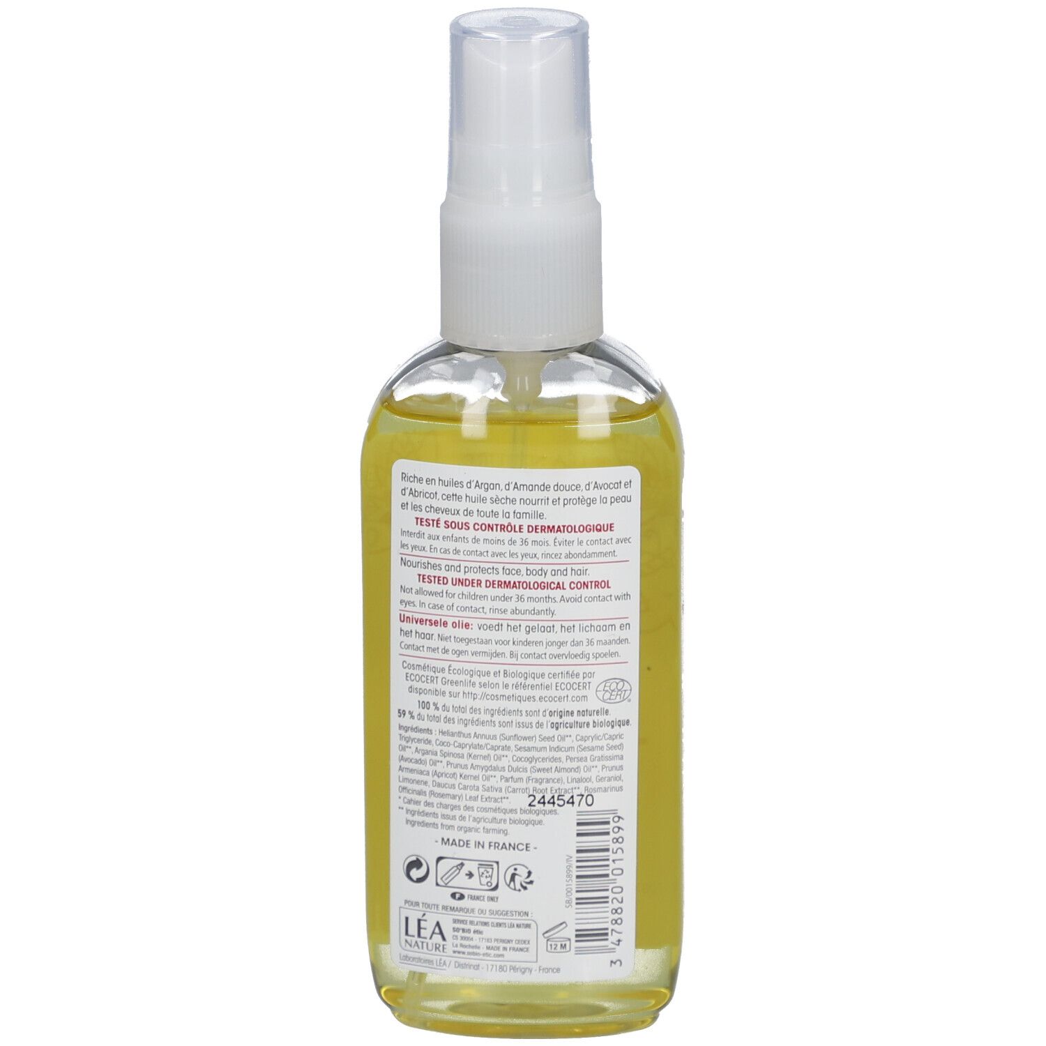 SO BIO ETIC Flasche, Rückseite. Text auf Etikett. Bio-Zertifizierung. Transparente Flüssigkeit sichtbar.