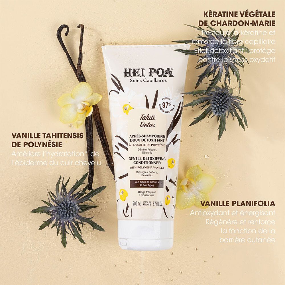 HEI POA Tahiti Detox-Tube mit Vanille und Blüten. Enthält: Kératine végétale de chardon-Marie, Vanille de Polynésie, Vanille planifolia.