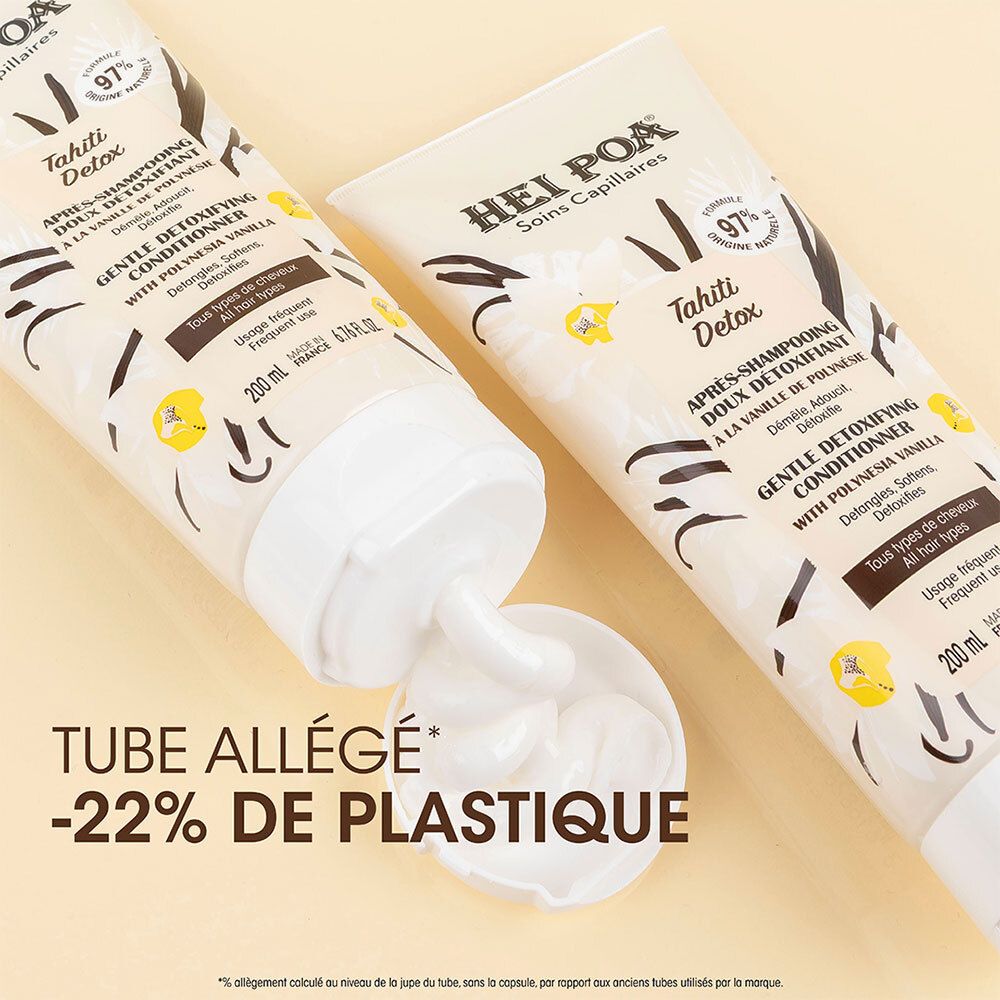 Zwei HEI POA Tahiti Detox-Tuben. Eine Tube wird ausgedrückt. Text: Tube allégé -22% de plastique.