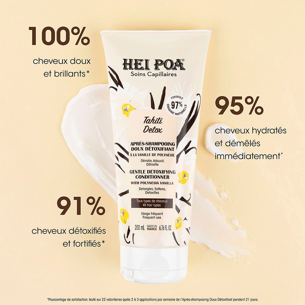 HEI POA Tahiti Detox-Tube mit Text: 100% weiches, glänzendes Haar, 95% sofort hydratisiertes Haar, 91% entgiftetes Haar.